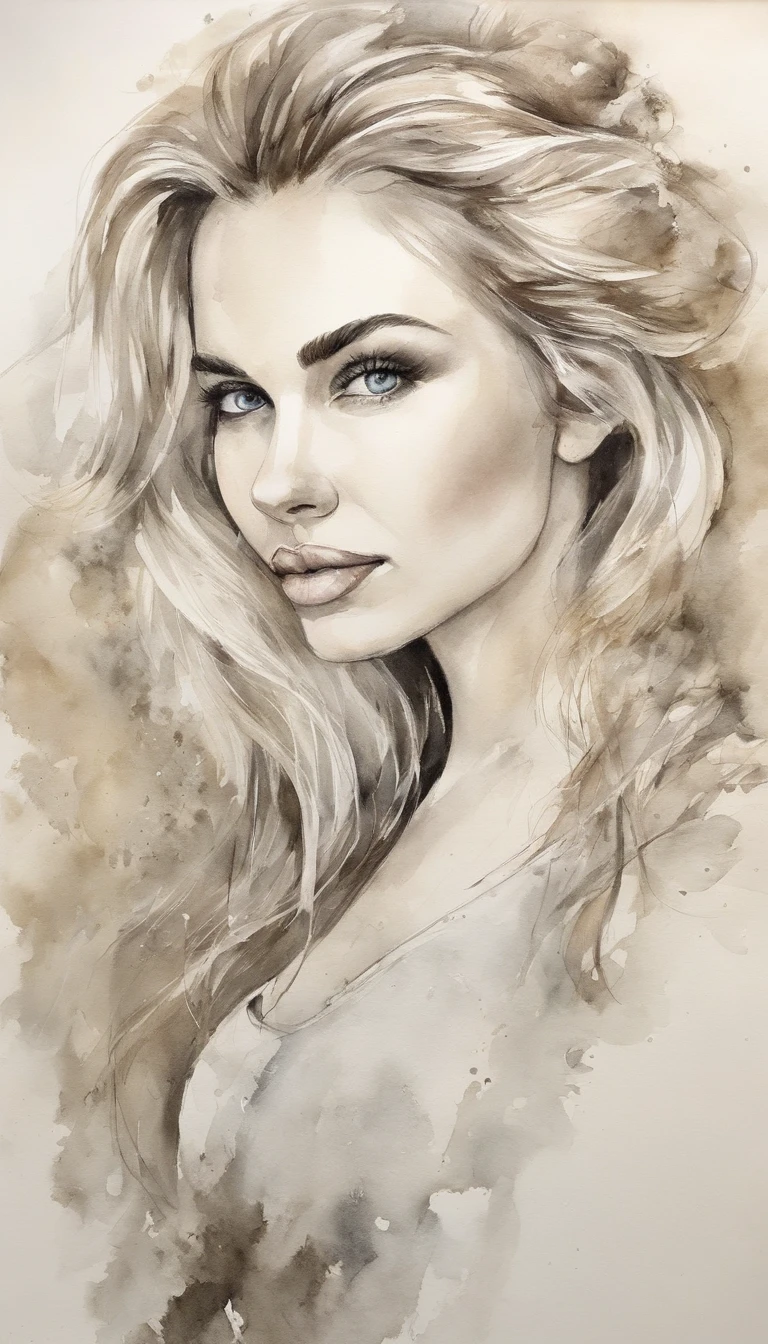 blonde girl, olhos azuis vibrantes, busto, parte superior, Serious expression, olhar em branco, Beautiful, perfeito, blonde hair, cabelo grande, dourado, dourado, sunlight, meia franja cobrindo um olho, reto, cabelos finos, rosto fino, top branco, decote, seios fartos, Perfect lips, nariz fino, delicado, Arte com trilhas de tinta, Aquarela, cores fortes, tinta suja, quebrado, pintar, Escova, (fundo branco), Dor, arte estilo yoji shinkawa, rosto cammy white