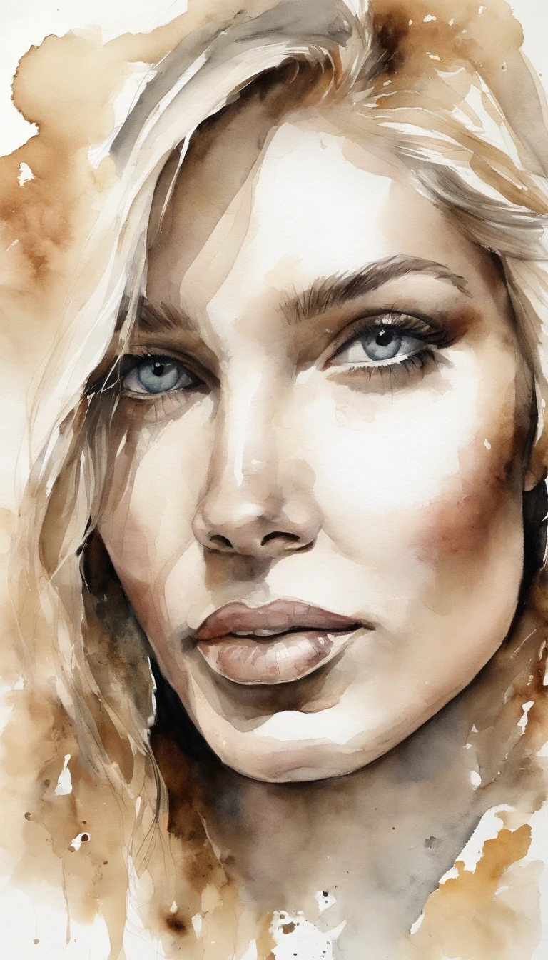 blonde girl, olhos azuis vibrantes, busto, parte superior, Serious expression, olhar em branco, Beautiful, perfeito, blonde hair, cabelo grande, dourado, dourado, sunlight, meia franja cobrindo um olho, reto, cabelos finos, rosto fino, top branco, decote, seios fartos, Perfect lips, nariz fino, delicado, Arte com trilhas de tinta, Aquarela, cores fortes, tinta suja, quebrado, pintar, Escova, (fundo branco), Dor, arte estilo yoji shinkawa, rosto cammy white
