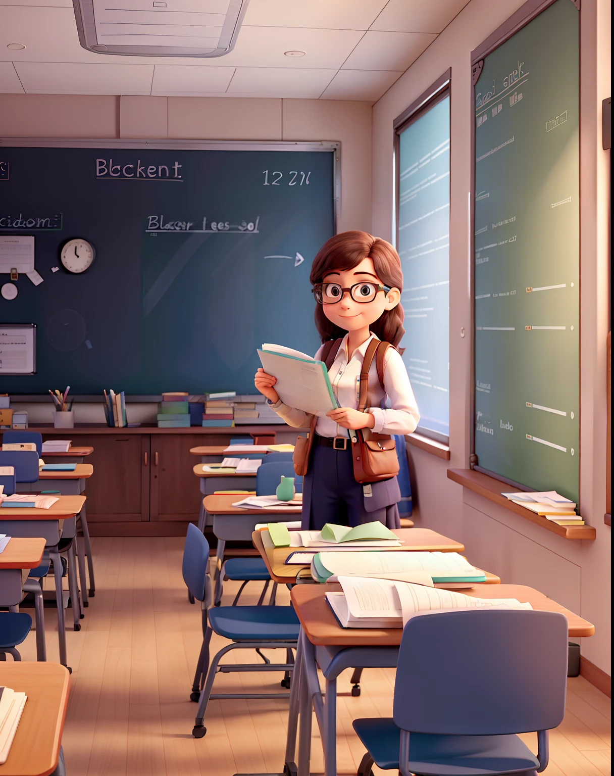 a classroom with a teacher wearing glasses and with one arm and the other holding sheets of paper in front of a blackboard with a table next to it with a book on top