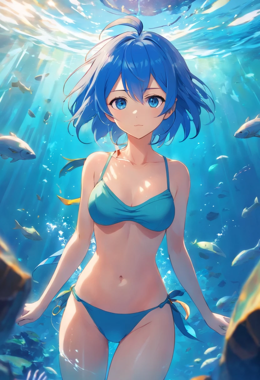 Anime girl with blue hair and blue eyes underwater, bolha de ar, sozinho, Olhando para o Viewer, swimming, luz solar fraca, bare breasts, (: 1.5), menina bonito, Standing, cara bonito, sexy, Comprimento total, magic fire, sbikini, Embarrassment, menina magra, boa anatomia, arte de anime, menina adulta, without a bra, BESTR Lighting, seios pequenos nus