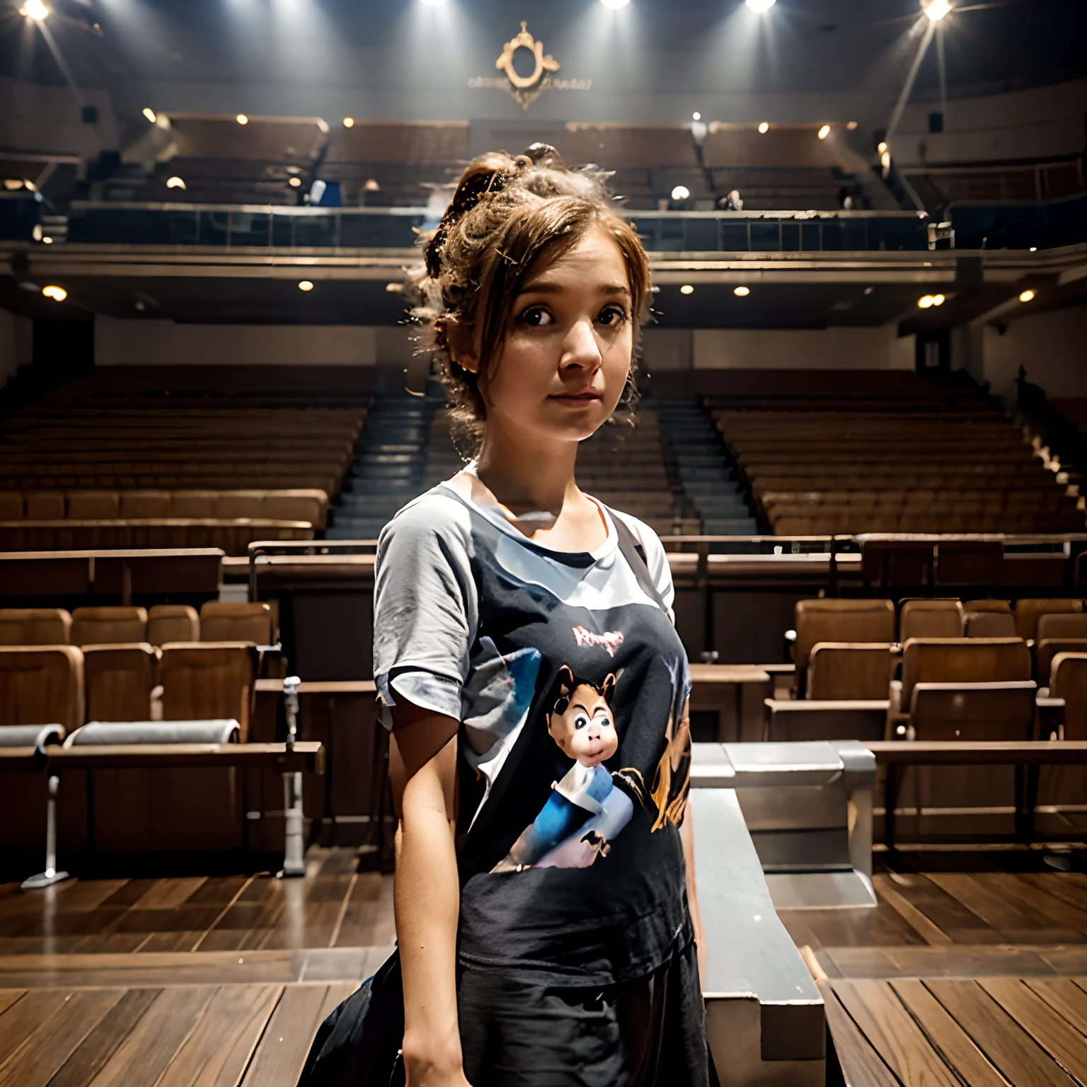 Background in opera house, oz. pixar desenhos animados 3D, menina de cabelo cacheado castanho na altura do ombro, olhos castanhos, vestindo uma camiseta listrada na vertical preto e branca com um cachorro beagle marrom e branco, ::estilo pixar cartoon