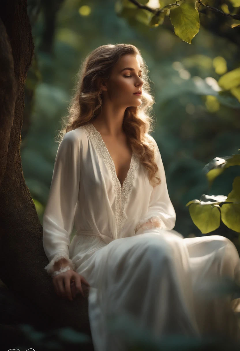 Uma foto profissional de alta qualidade, in 4k resolution, captura em detalhes realistas uma garota encantadora em um pijama branco fofo com orelhas e rabo de raposa. She's sitting in the middle of an enchanted forest, where each element is portrayed to perfection. As texturas do pijama, ears and tail are sharp and palpable. A luz do sol incide sobre as folhas e ilumina suavemente o rosto da menina, highlighting every delicate and charming expression