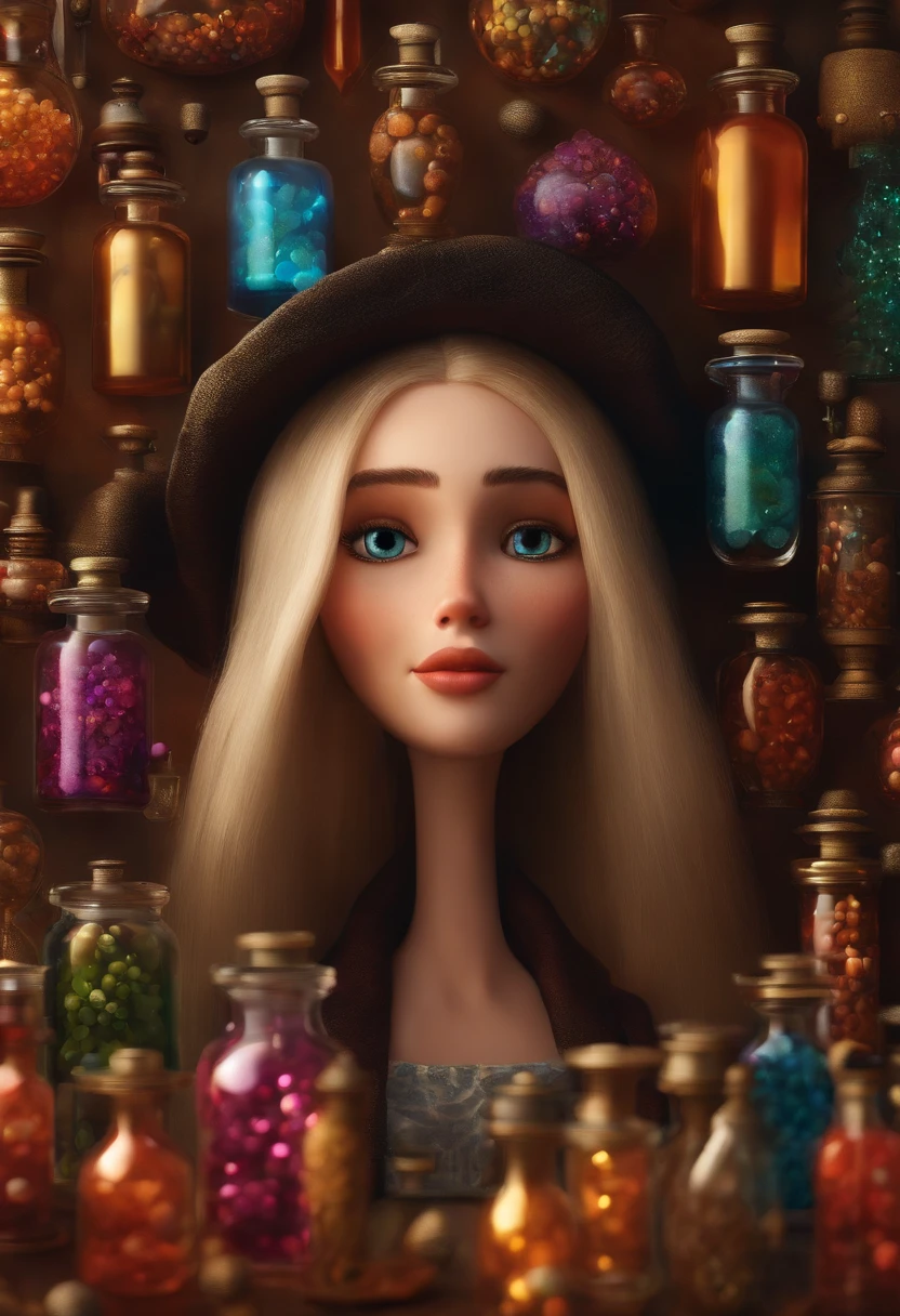 A collector of ideas inspired by Pixar animation, de perto. She is surrounded by a collection of magic vials, each containing a unique idea. The focus is on the character, with a captivating facial expression, Against a backdrop of shimmering, cores efervescentes.