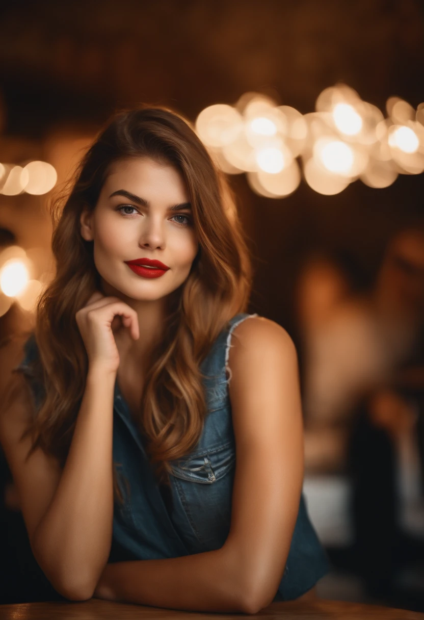 Gorgeous portrait of an older Spanish woman, long wavy hair, bright red lips, black eye shadow, charming smile, deep neckline, cafe, eye contact, looking at viewer, masterpiece, best quality, perfect detail, perfect face detail, perfect eye detail , perfect skin detail, depth of field, perfect lighting