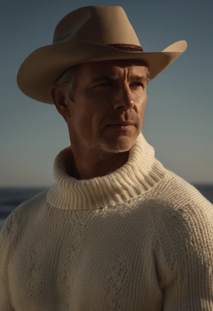 retrato do rosto de um acidentado (Velho Pescador:1.3), (foco facial:1.5), (tempestade:1.2), (Ondas:1.3), oceano, (Fundo do farol:1.3), (cowboy shot:1.4), (white turtleneck knitted sweater:1.3), Olhando para o Viewer, Realistic, master part, extremely high quality, Backlighting, (Reflexo da lente:1.1), (florescer:1.1), (chromatic aberration:1.1), Directed by: Jeremy Lipking, Directed by: Antonio J. Manzanedo, pintura digital