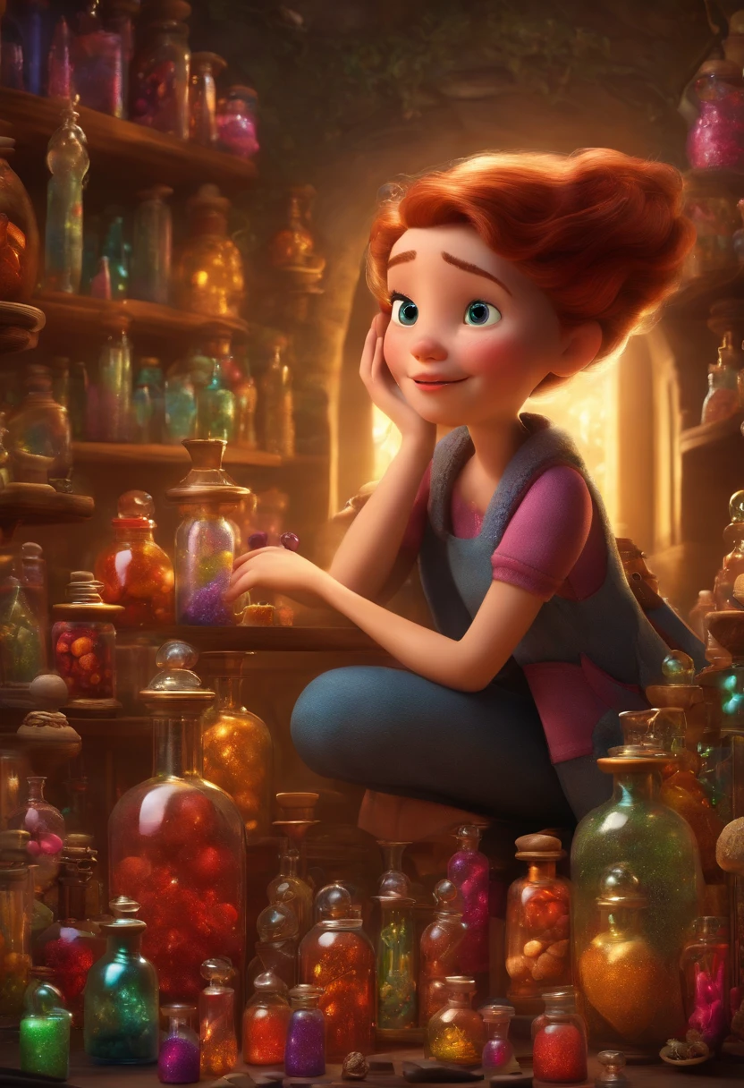 A collector of ideas inspired by Pixar animation, de perto. She is surrounded by a collection of magic vials, each containing a unique idea. The focus is on the character, with a captivating facial expression, Against a backdrop of shimmering, cores efervescentes.