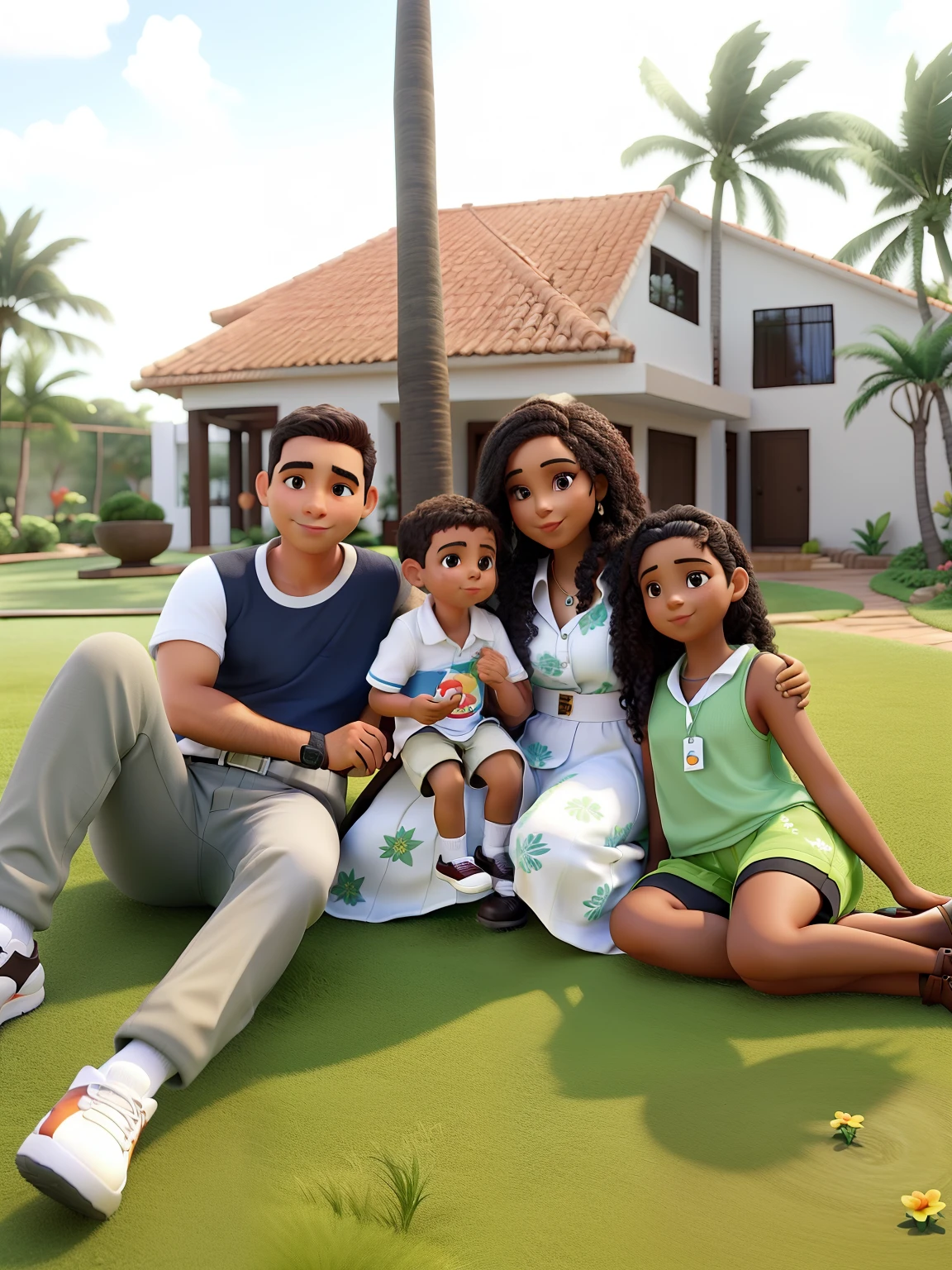 African family, African man in his 30s, modestly dressed African woman in her 30s, two African children, full body portrait, full body caricature shot in Pixar style, wide shot, unrealistically attractive, facial features averaged, upset, sitting on Sofa, in the living room, hugging each other and getting scared, water falling from the ceiling, a lot of water on the floor, Pixar style.