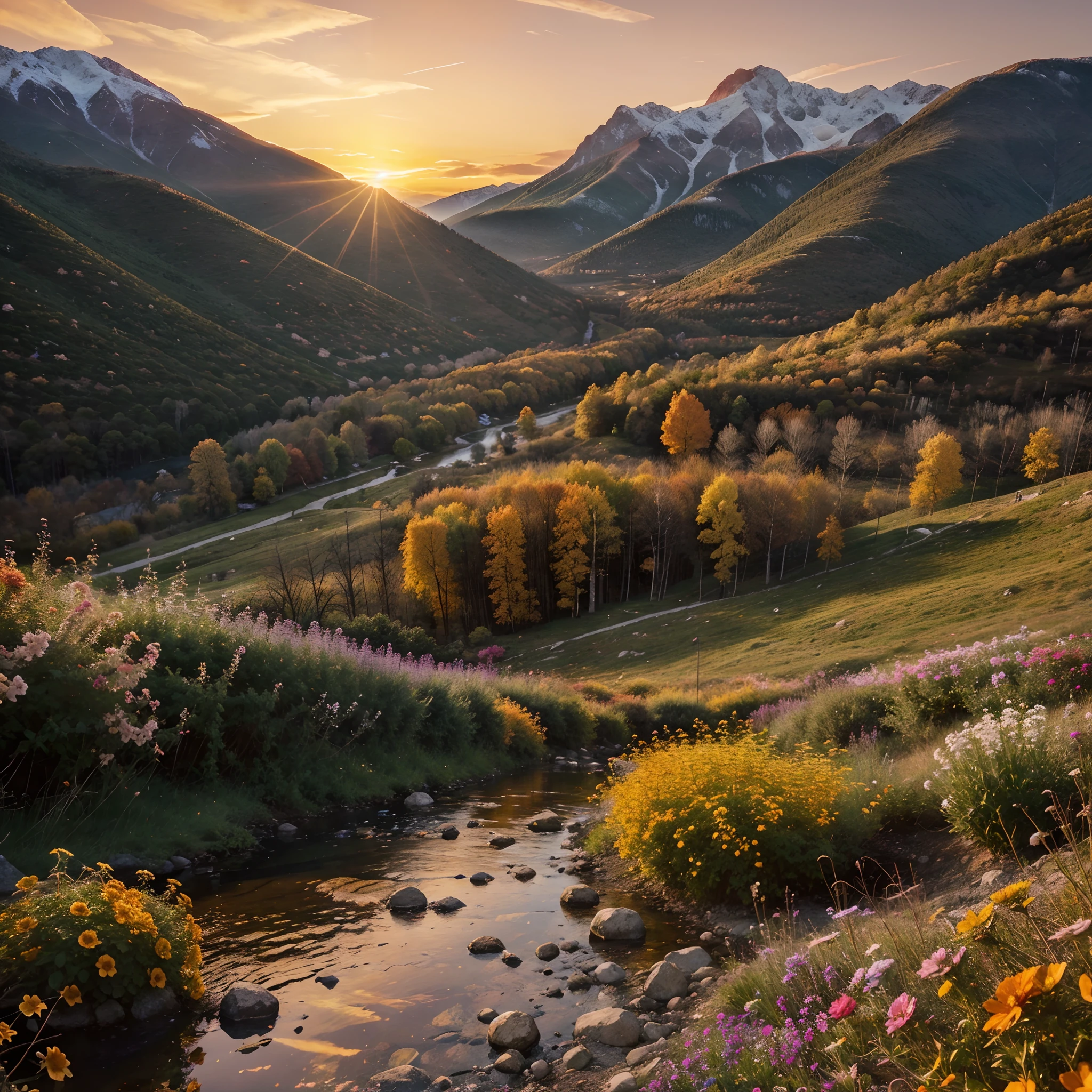 Create a beautiful backdrop of wooded mountains and colorful flowers, A stream that reflects the light of a beautiful sunset, Orange sky and birds in the sky image in 4k