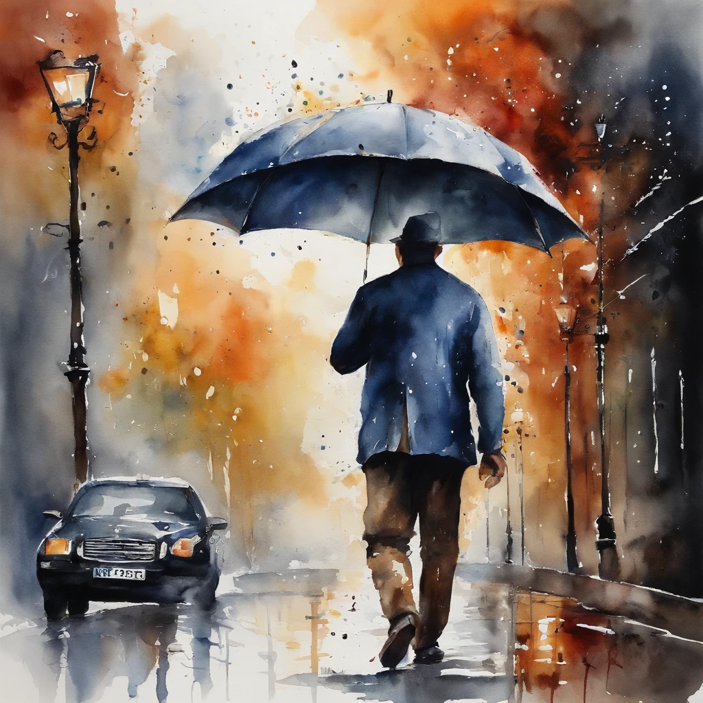Homem atingido pela chuva com roupas de luto