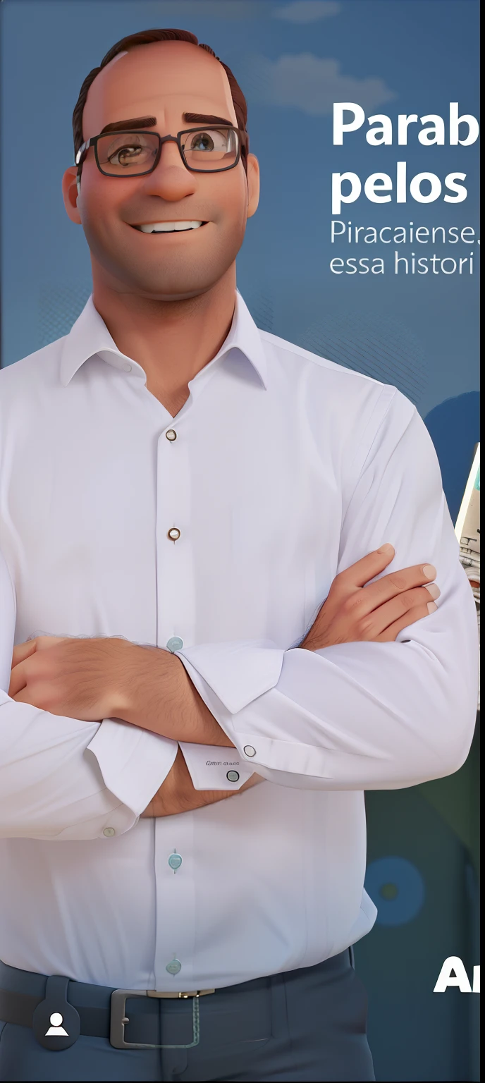homem, cabelo loiro, alto, sem barba, sorrindo, of square glasses, vestindo uma camisa branca, sem gravata, with blue pants, expression on the forehead, The scene should follow the art style of Pixar animations... Focusing on the character's expressions, cores vibrantes, texturas detalhadas. o fundo da imagem deve conter um fundo de politica