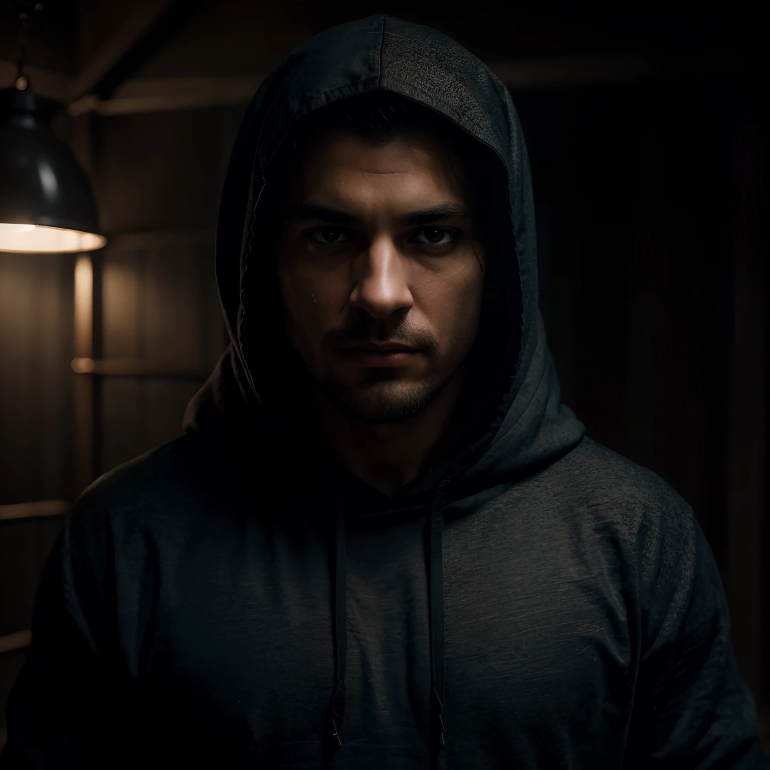 (best quality,4k,8k,highres,masterpiece:1.2),ultra-detailed,(realistic,photorealistic,photo-realistic:1.37),dark mysterious handsome man with strong masculine features,hooded face obscured by the hoodie,sharp jawline,penetrating intense eyes (eye color: piercing blue),stubble beard,traces of scars and tattoos on his hand,concealing a hidden secret,emitting an air of enigma and intrigue,his presence demands attention,standing in dimly lit surroundings with a hint of fog,hoodie is black and slightly tattered,highlighting the aura of mystery,let the scene exude a sense of danger and suspense,subtle lighting emphasizing the contours and shadows of his face,giving a slight reveal of the lower part of his face,adding to the suspense and anticipation,mysterious atmosphere with a touch of darkness and shadows,background showcases an urban cityscape at night,providing an intriguing backdrop for his enigmatic presence,dynamic perspective to give a sense of movement and anticipation,vivid colors with a desaturated tone,contrasting light and dark elements to create depth and atmosphere,overall ambiance should evoke curiosity and leave room for imagination.