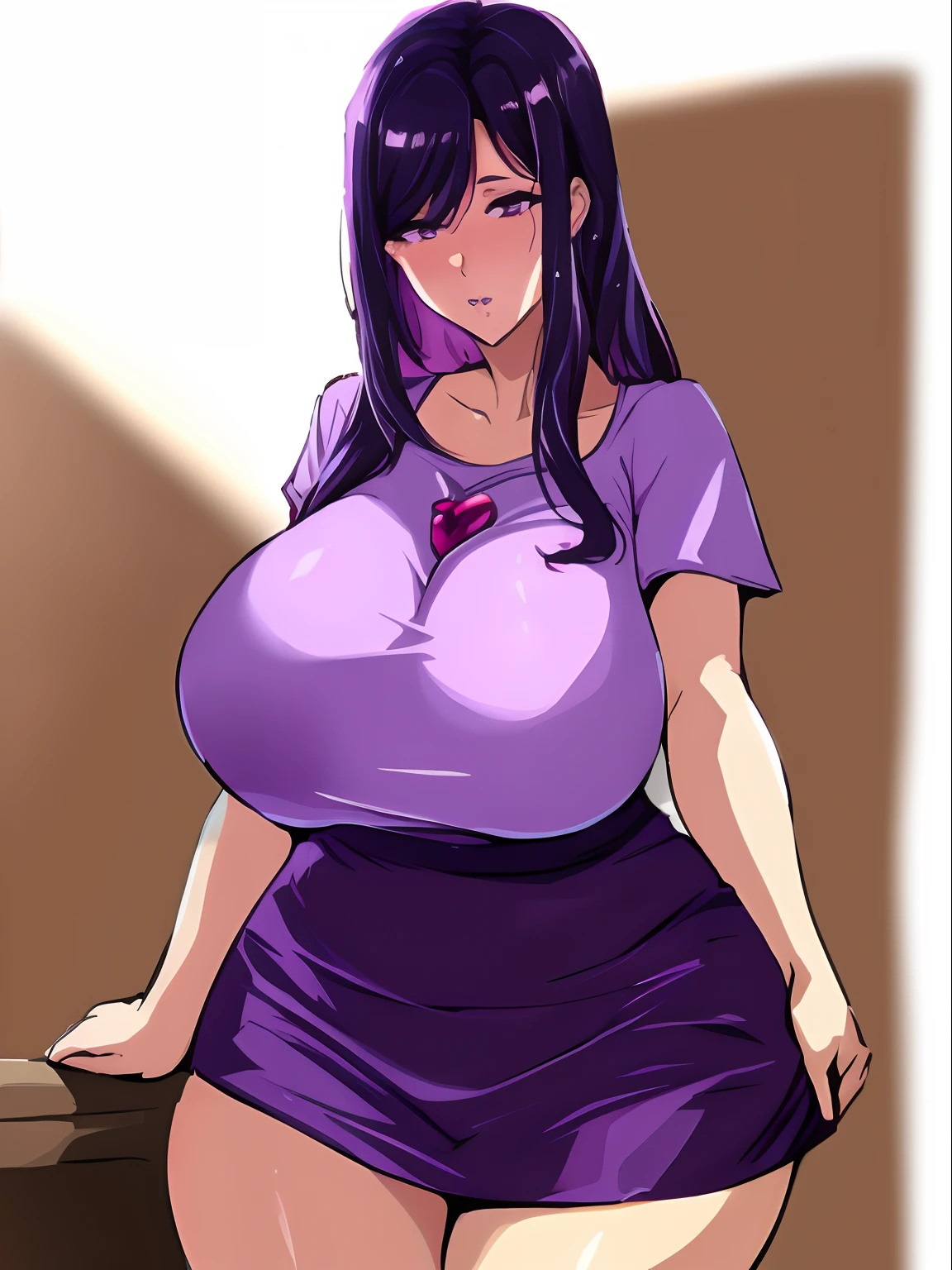 Large Breast, Mature woman, grape purple skirt, pair skin, orchid violet t-shirt, dark purple long hair with hot pink hair tie, standing, solo, amethyst purple eyes, curvy body, reapaired