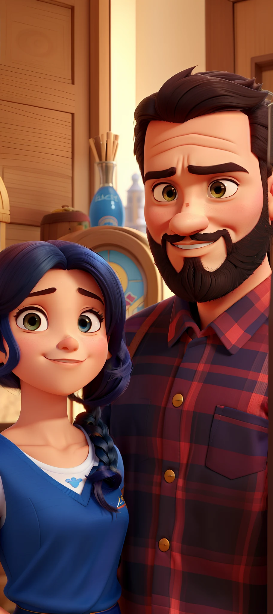 casal homem e mulher no estilo Disney Pixar, alta qualidade, melhor qualidade. Mulher de 30 anos ,de vestido azul, morena de Ton claro, cabelo cacheados longos, com brinco grande de argola, rosto meio arredondado, sobrancelha finas e olhos meio arredondado. Homem alto,moreno de 30 anos ,de Ton Claro, barba grande estilo lenhador, Hair cut in gradient style, usando blusa xadrez vermelha, ambos de olhos castanhos escuro