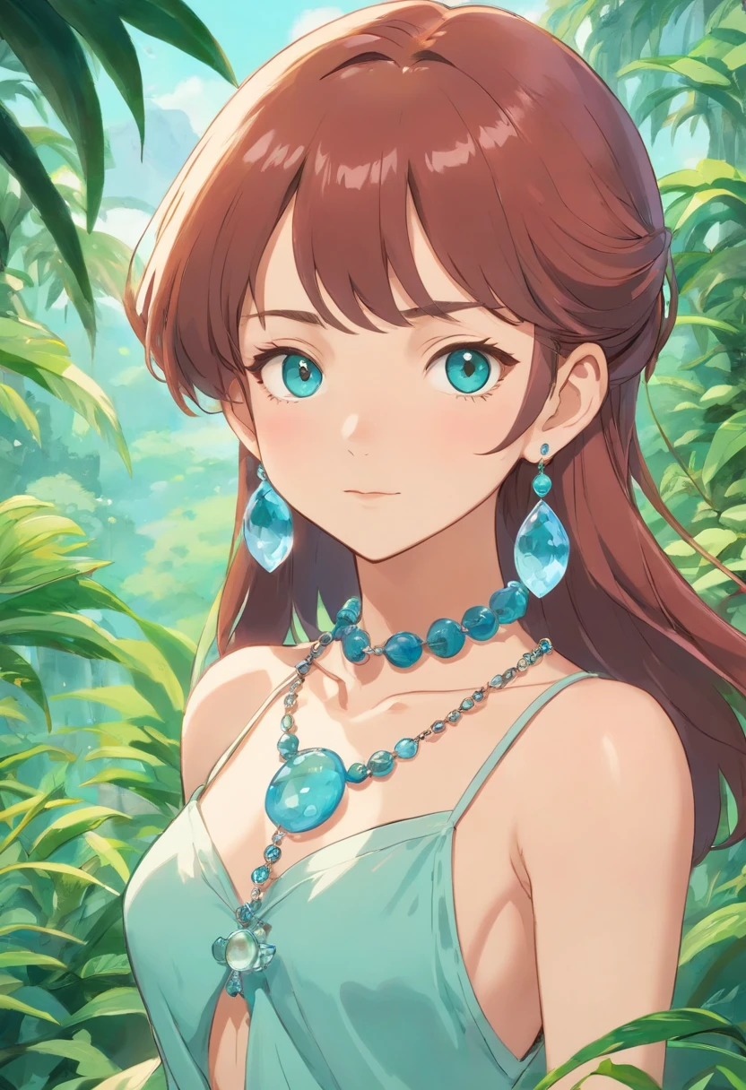 a girl wearing an anime collar, a long necklace and earrings, in the style of tranquil gardenscapes, (naked )colorful animation stills, masami teraoka, aquamarine, paul gauguin, Embry style, honest portrayal