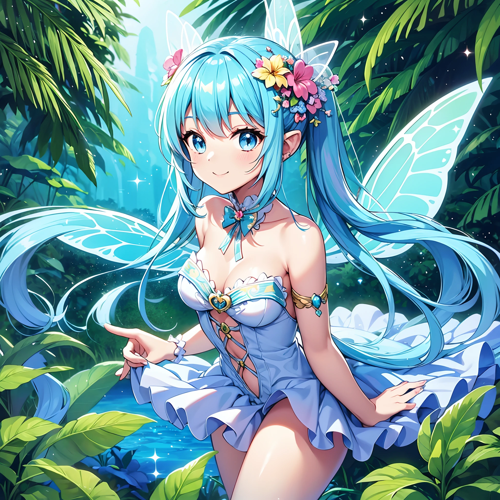 Best Quality, masutepiece, Cute fairy girl with sparkly sparkles, adorable smiling、fairy wings, Light blue long hair、Twin-tailed、Pure white costume、In the mysterious jungle, foliage, Tropical, kawaii, mystery, Magical, Mythical animals and mysterious butterflies, Exotic flowers