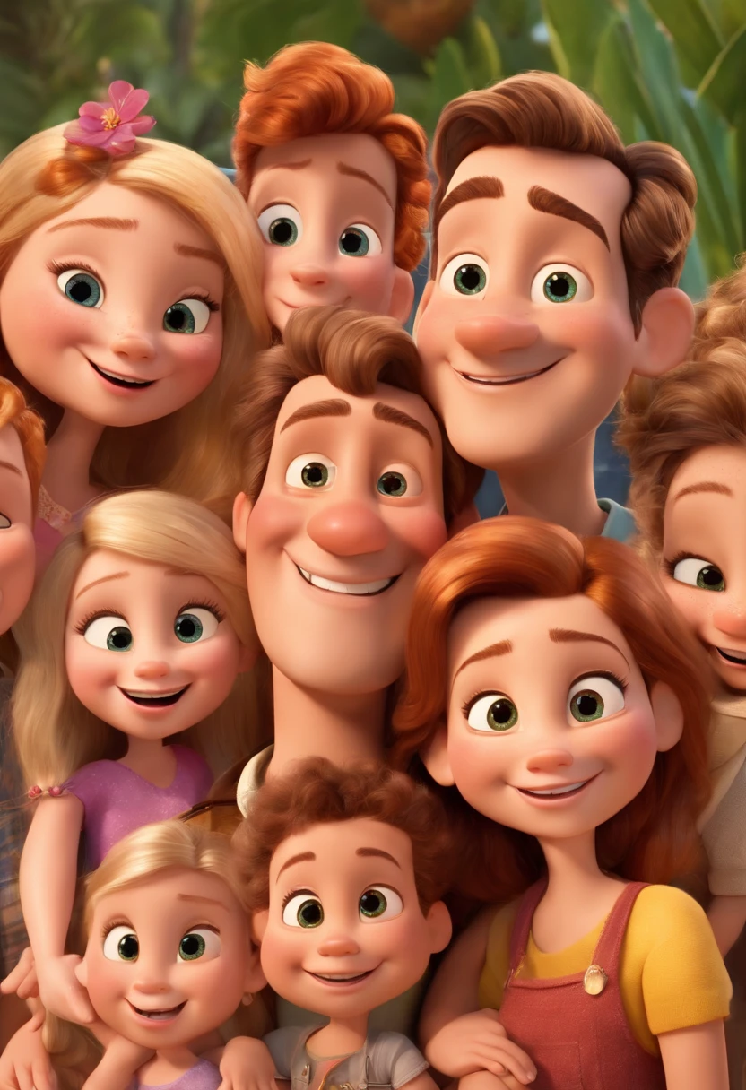 a Disney Pixar movie poster showing a family with 4 white-skinned people. The father is the tallest, High fade gradient and medium blonde hair, barba grande de lenhador na mesma cor do cabelo e olhos castanhos claros. The mother has dark brown and curly eyes and hair, long and slightly overweight and has a beautiful smile. A menina tem 6 anos com o rosto angelical, medium blonde hair, olhos castanhos claros e um lindo sorriso. E o Menino, um adolescente de  anos, de cabelos encaracolados na mesma cor do cabelo do pai, magro, algumas sardas leves no rosto e um lindo sorriso. The background is a beach garden. 3D-rendering