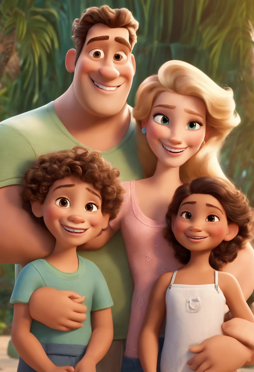 a Disney Pixar movie poster showing a family with 4 white-skinned people. The father is the tallest, High fade gradient and medium blonde hair, barba grande de lenhador na mesma cor do cabelo e olhos castanhos claros. The mother has dark brown and curly eyes and hair, long and slightly overweight and has a beautiful smile. A menina tem 6 anos com o rosto angelical, medium blonde hair, olhos castanhos claros e um lindo sorriso. E o Menino, um adolescente de 14 anos, de cabelos encaracolados na mesma cor do cabelo do pai, magro, algumas sardas leves no rosto e um lindo sorriso. The background is a beach garden. 3D-rendering
