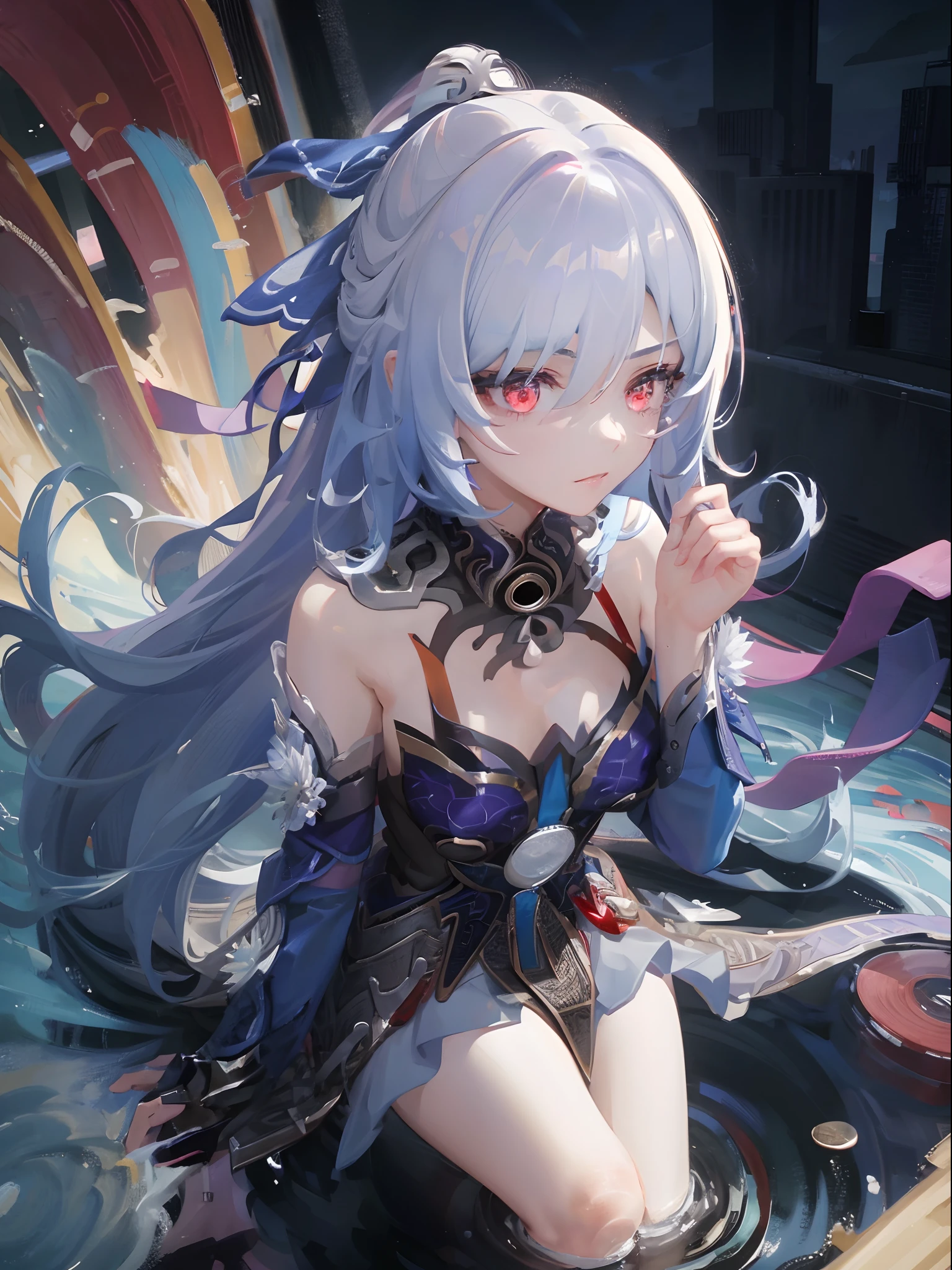 A high resolution,best qualtiy,the detail,Shadow texture,8K quality,shrine maiden clothe,,Gray hair,blue color eyes,white stockings,In dimly lit bedrooms,Royal Sister,Succubus Maiden