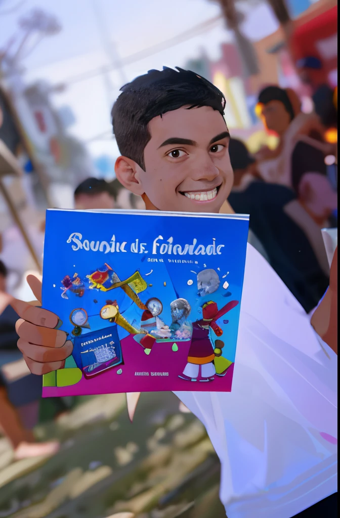 Boy holding a book in front of his face with a crowd of people in the background, Directed by: Felipe Seade, he is holding a large book, by Almada Negreiros, Directed by: Samuel Silva, Malika Favre, Directed by: Fernando Gerassi, Directed by: Emerson Silva, segurando um livro gigante, Directed by: Joze Ciuha, Directed by: Nandor Soldier