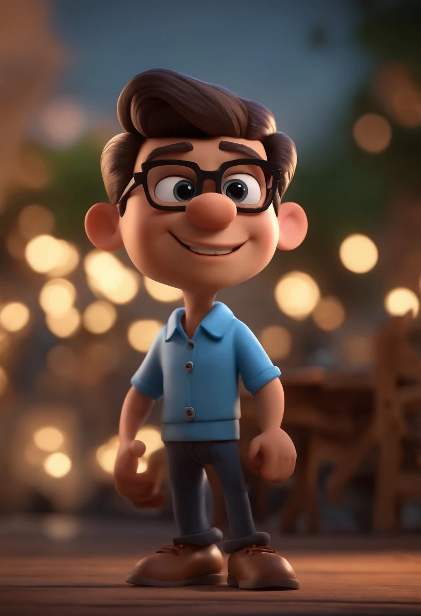 Cartoon character of a man with black glasses and a blue shirt, animation character, Caractere estilizado, animation style rendering, 3D estilizado, Arnold Maya render, 3 d render stylized, toon render keyshot, Personagem 3D, Personagem 3D, 3d rendering stylized, 3 d character render, personagem de desenho animado, Personagem de close up, Pose de personagem,  (Estilo Pixar) (master part:1.2) (Bokeh) (best quality) (pele detalhada) (textura detalhada) (8k) (argila) (Cinematic lighting) (foco nítido