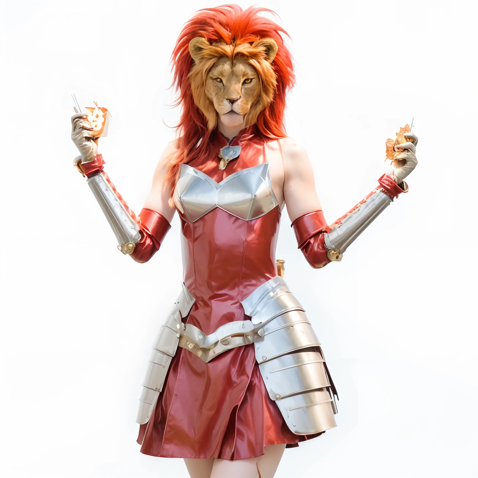 araffe dressed in a costume with a lion head and a sword, redhead queen in heavy red armor, robot lion, wearing golden cat armor, lion warrior, 2 d full body lion, wearing intricate fur armor, using dead lion costume jacket, armored feline companion, lady in red armor, annie from league of legends, lion body, complex fantasy character, armored cat