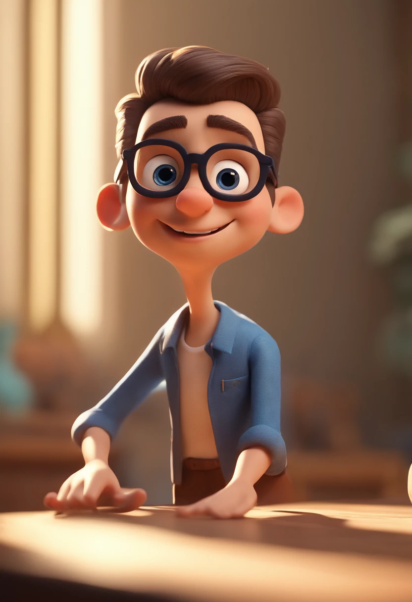 Cartoon character of a man with black glasses and a blue shirt, animation character, Caractere estilizado, animation style rendering, 3D estilizado, Arnold Maya render, 3 d render stylized, toon render keyshot, Personagem 3D, Personagem 3D, 3d rendering stylized, 3 d character render, personagem de desenho animado, Personagem de close up, Pose de personagem,  (Estilo Pixar) (master part:1.2) (Bokeh) (best quality) (pele detalhada) (textura detalhada) (8k) (argila) (Cinematic lighting) (foco nítido