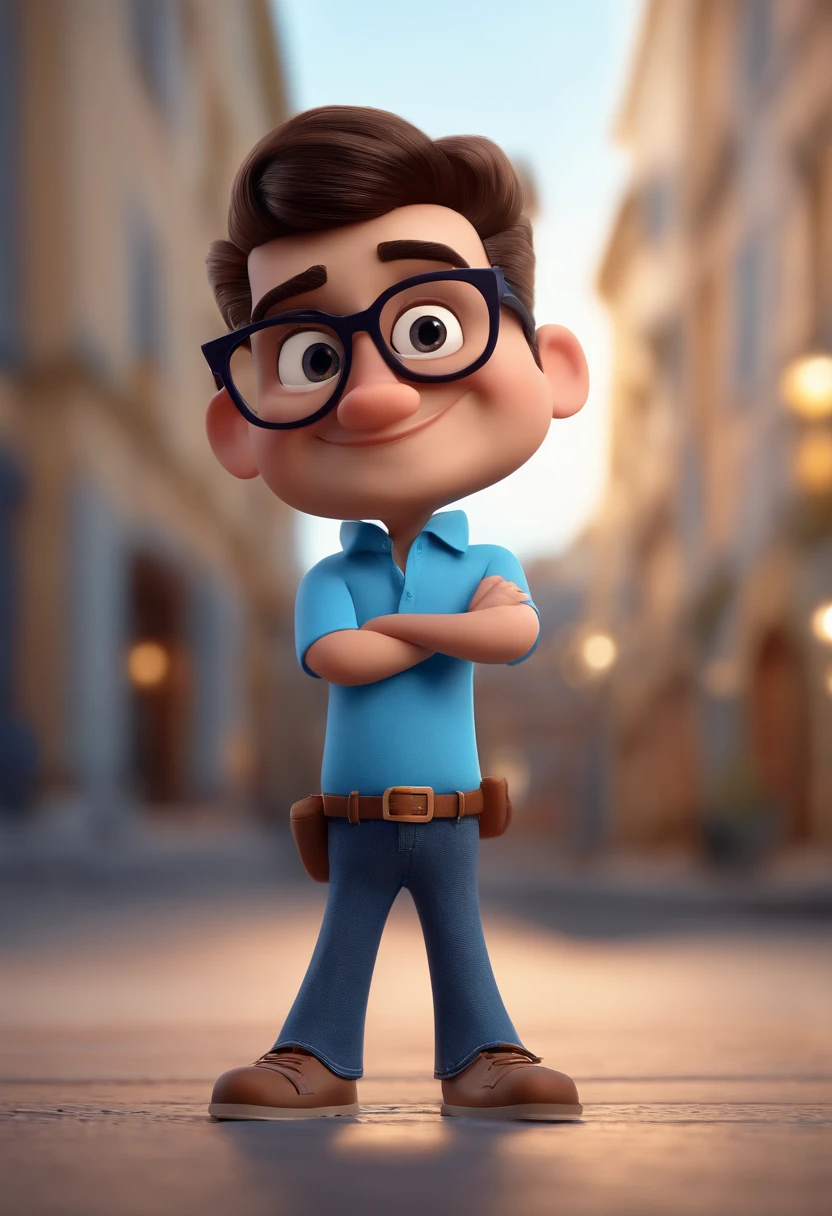 Cartoon character of a man with black glasses and a blue shirt, animation character, Caractere estilizado, animation style rendering, 3D estilizado, Arnold Maya render, 3 d render stylized, toon render keyshot, Personagem 3D, Personagem 3D, 3d rendering stylized, 3 d character render, personagem de desenho animado, Personagem de close up, Pose de personagem, (Estilo Pixar) (master part:1.2) (Bokeh) (best quality) (pele detalhada) (textura detalhada) (8k) (argila) (Cinematic lighting) (foco nítido