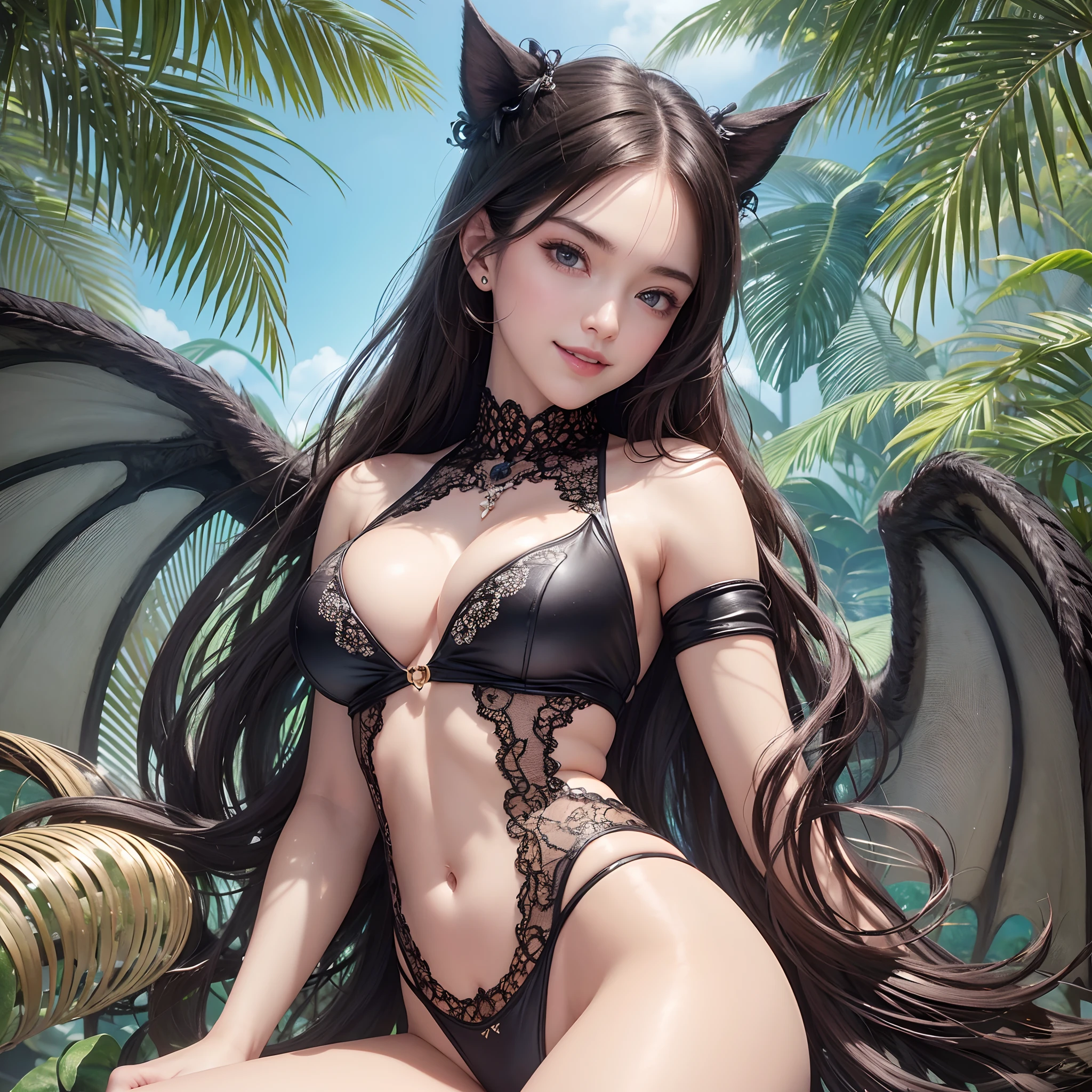 (Ultra Real), (Illustration), (High Resolution), (8K), (Very Detailed), (Best Illustration), (Beautiful and Detailed Eyes), (Best Quality), (Ultra Detailed), (Masterpiece), (Wallpaper), (Detailed Face), (Very Dark Swimsuit, Very Small High Legs), (Toon Legs), (Toon Bat), (Side), (Cleavage), (Unbreakable Gravure Pose), (Very Beautiful Body Line) , ((Smile that captivates viewers)), (Very shiny skin), (Bare shoulders), (Nipples: 1.5), ((Vagina of Flutters))))