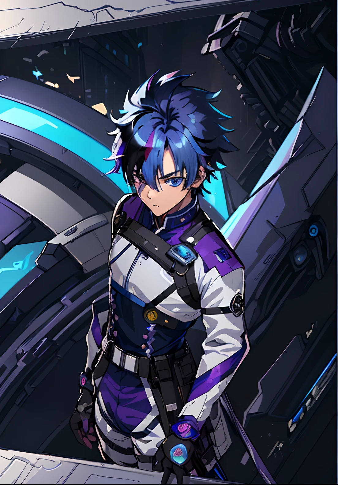 (best quality, high resolution, hyper detailed, 4k, masterpiece), original character, 1 boy, (short blue hair, streaked purple hair, futuristic combat uniform, detailed light blue eyes)