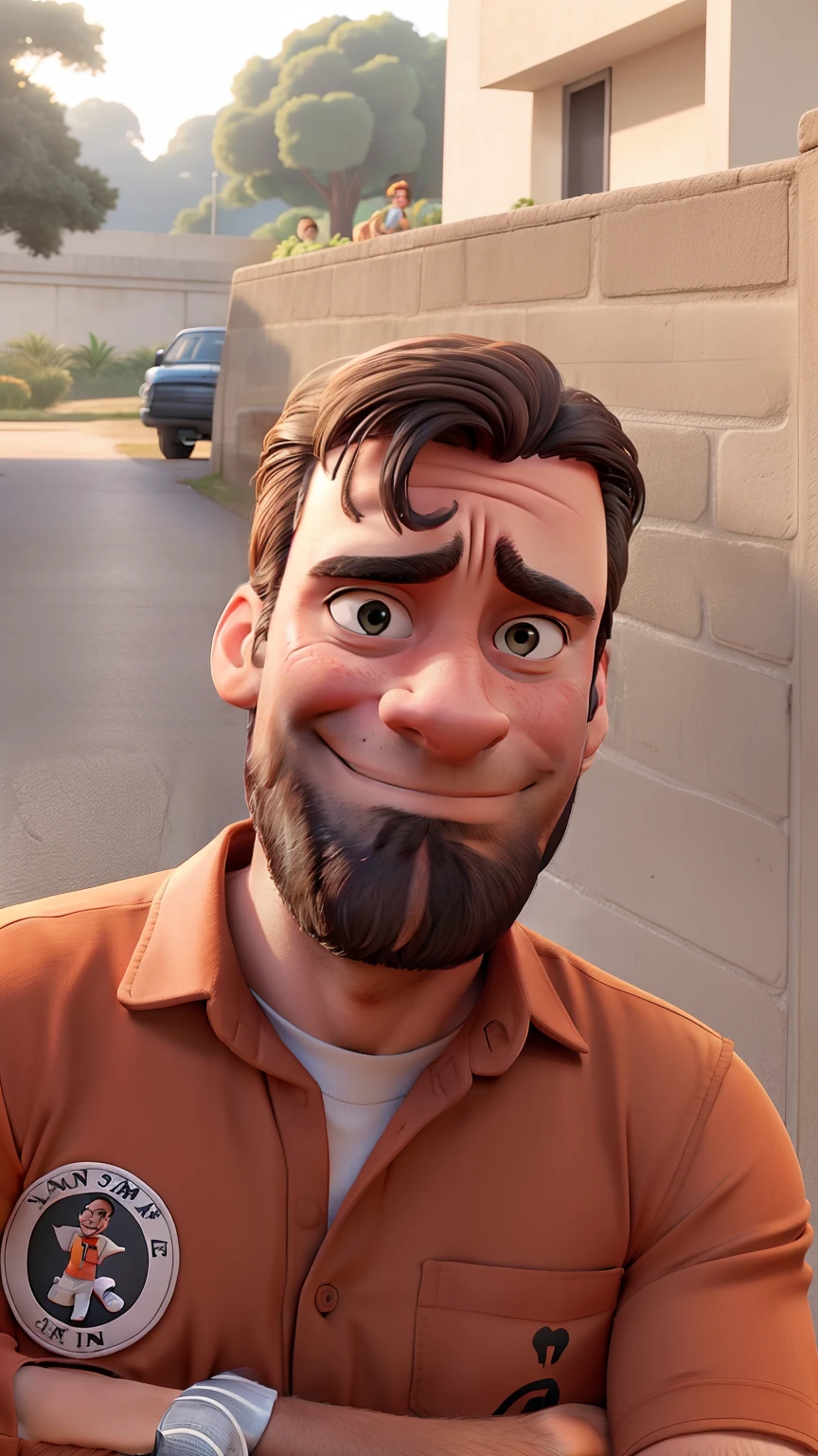 Jon Hamm, Cartoons in orange shirt and black pants, arms crossed, olhando para frente e sorrindo com os dentes aparecendo;