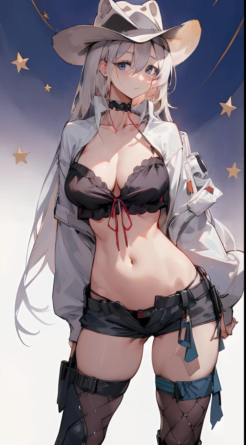 Leakage out of the collarbone,Neck leakage,Star decoration,stand posture,standing straight,open waist,Western cowboy,Cowboy hat,fishnet stockings