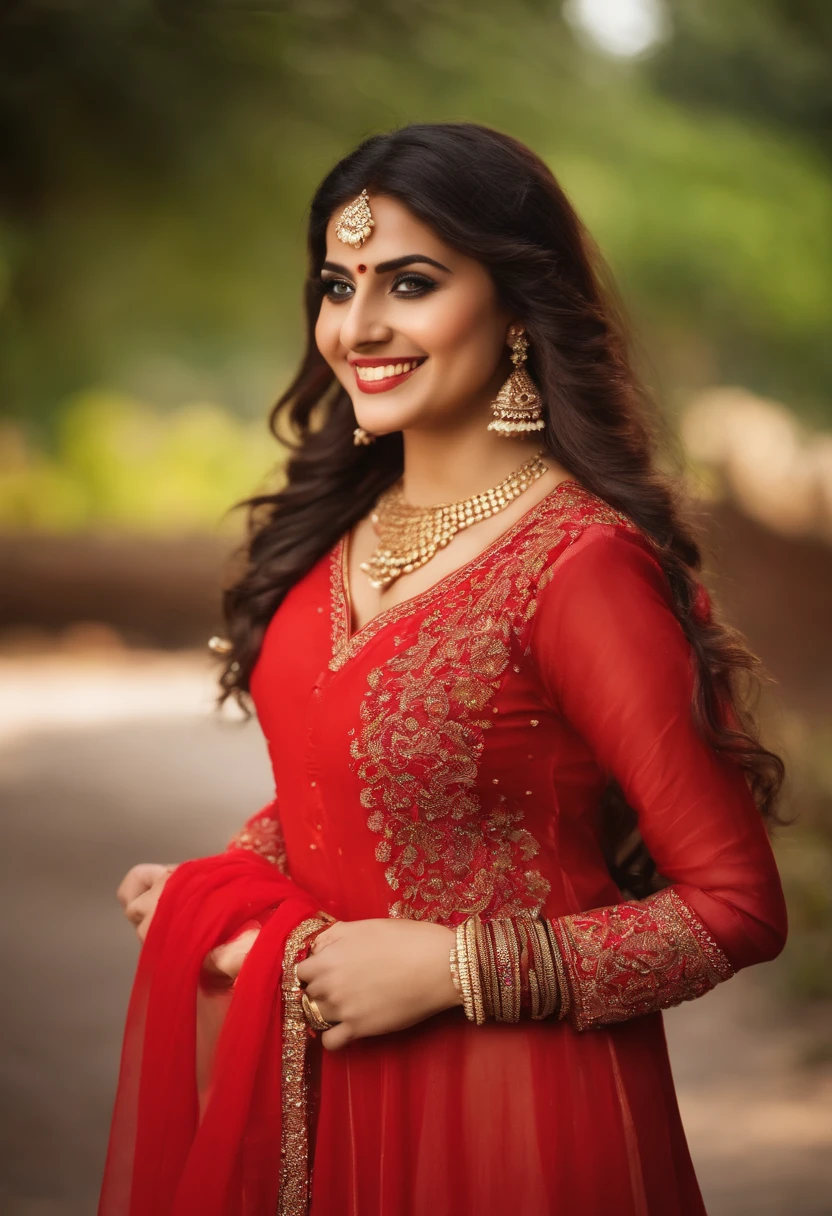 Big ass girl realistic Pakistani sexy, In Indian Ethnic Dress, Salwar Suit, Red Colour, Earings, Necklace, Bangles, Eye lash, Long Dark brown hair, 30yo, Active, Smiling, looking at someone, face front facing, Big boobs