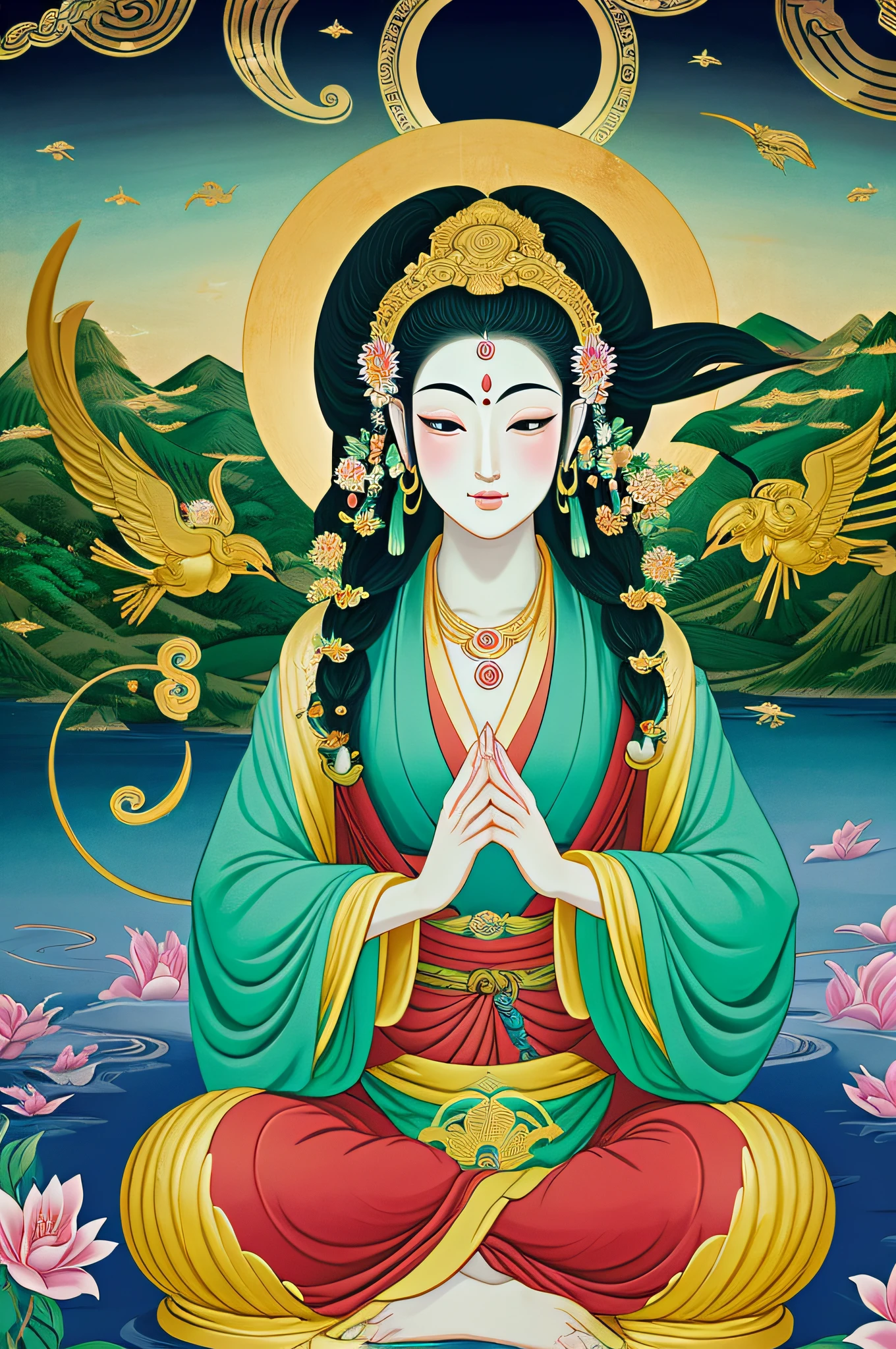 Goddess of ancient Japan, guanyin of the southern seas, guanyin, Inspired by India, Avalokitesvara rides a komaninu,,serene expressions,shui mo hua,Buddha,budista,lotuses,Japan style of painting,Thangka style