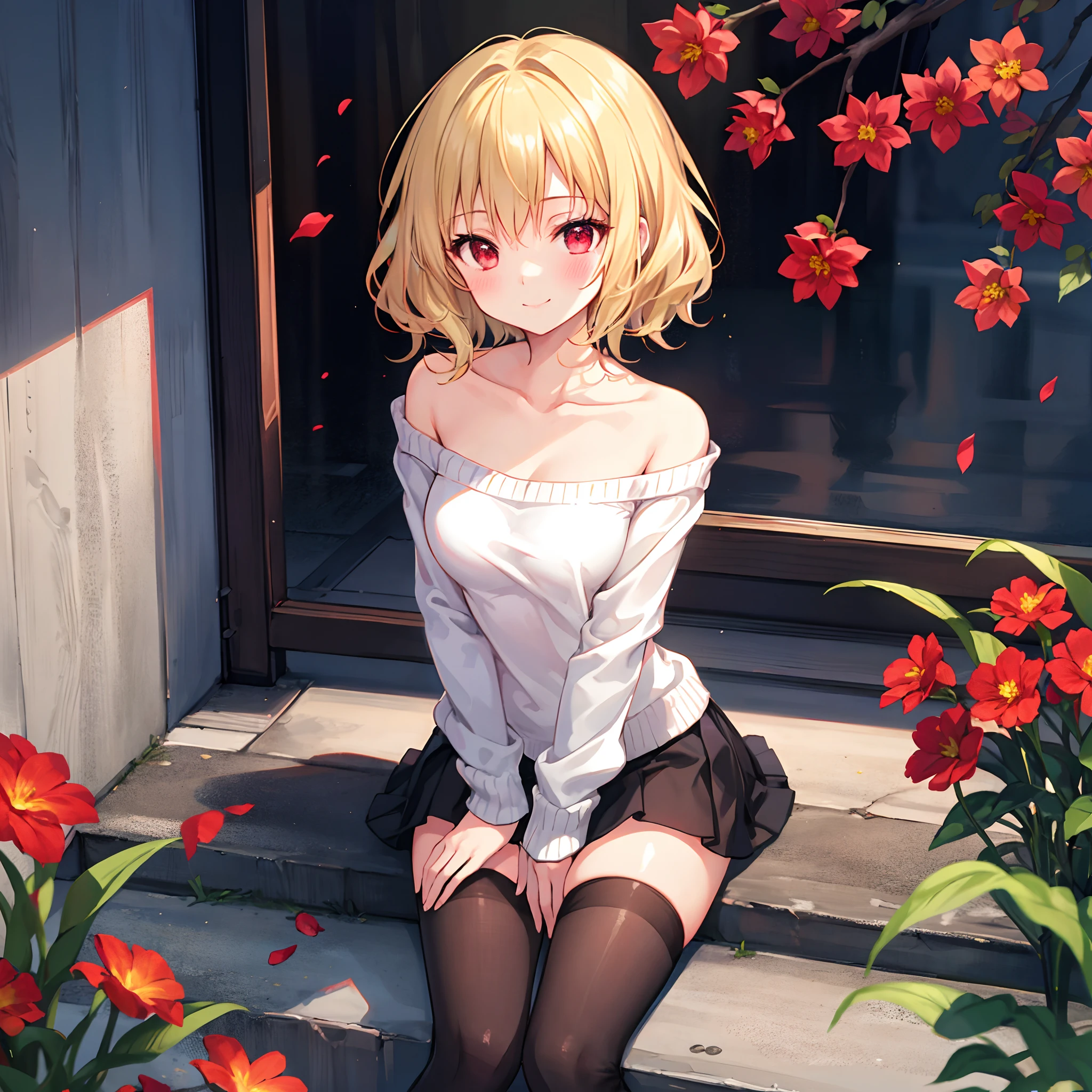 short wavy blonde hair、One girl with red eyes、独奏、Sit surrounded by flowers、red blush、Sweaters、off shoulders、a miniskirt、Black tights、A smile