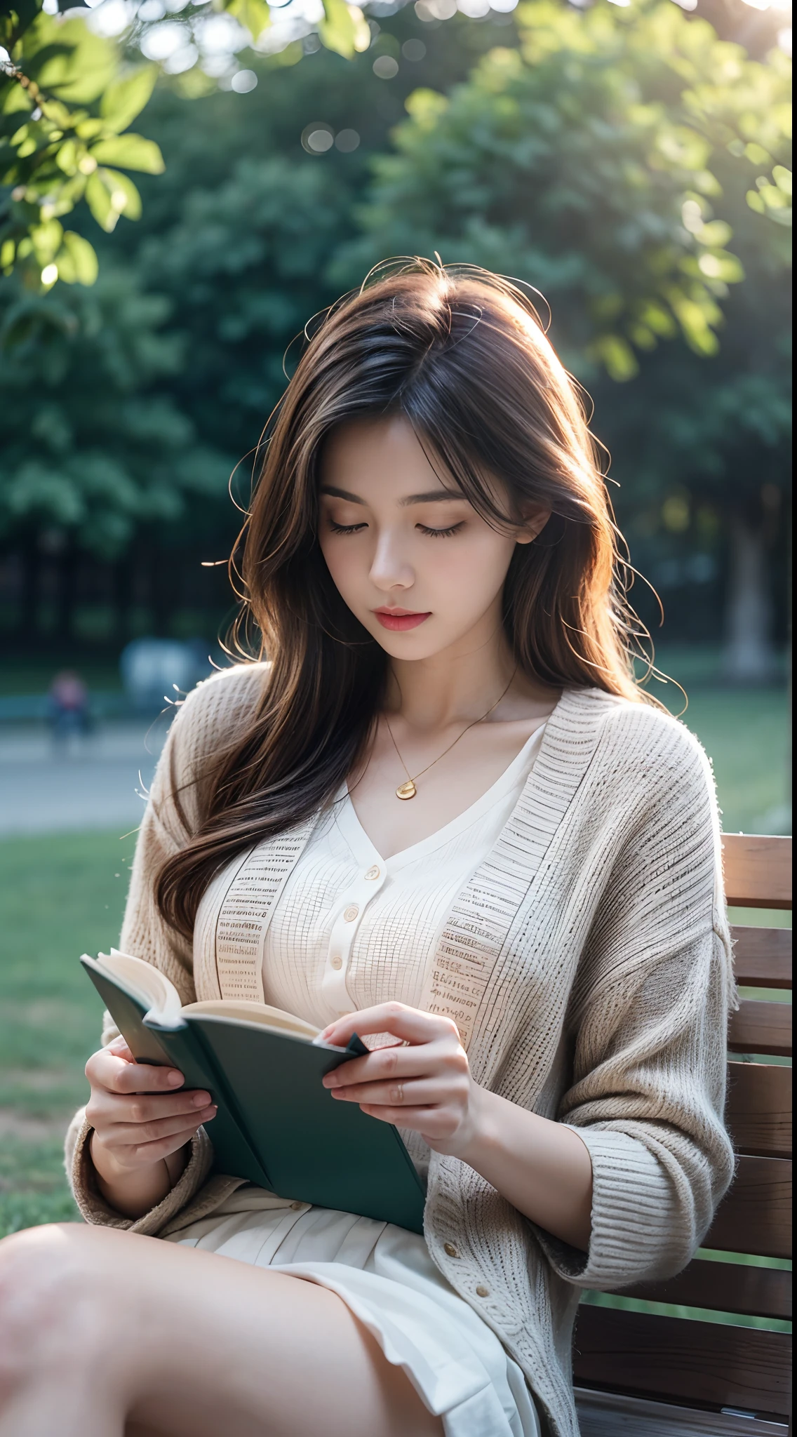 A photo of a woman reading a book in a peaceful park during the golden hour, taken with a vintage film camera and a prime lens, with warm natural lighting, and a classic photography style.
