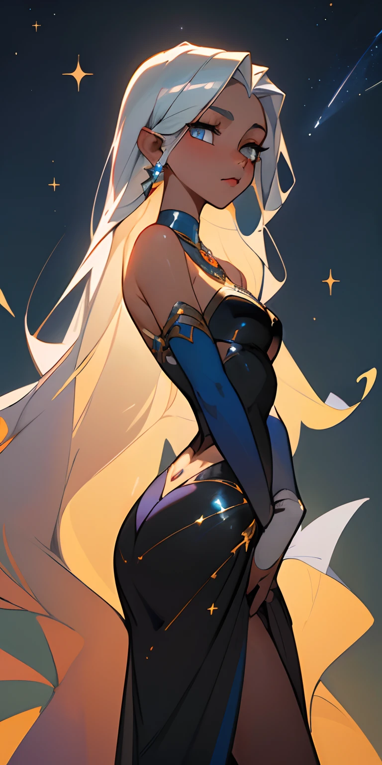 (beste-Qualit, tmasterpiece).Zephyra is a beautiful girl with long hair, painted silver, which give it an airy appearance. She has delicate and fair skin, It's like it's made of moonlight. Zephyra's eyes are blue, With the Celestial Ebb, And they are always full of magic and mystery. She wears a dress made of sheer fabric, adorned with silver stars, that sparkle on her skin, It's like she's part of the night sky.