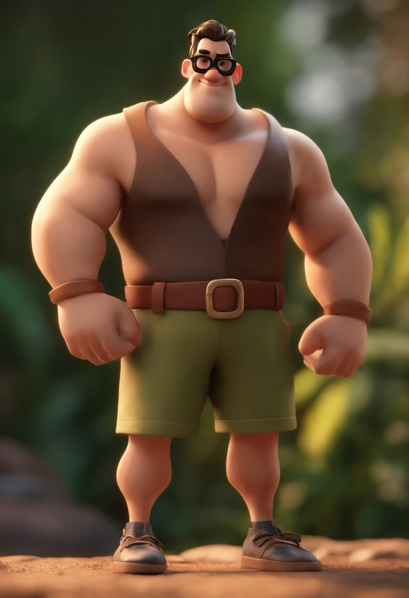 Cartoon character of a man with black glasses in shorts, camiseta e chinelos nariz grande afinado, cabelos castanhos  e laterais grisalhos, Baraba rala baixa,animation character, Caractere estilizado, animation style rendering, 3D estilizado, Arnold Maya render, 3 d render stylized, toon render keyshot, Personagem 3D, Personagem 3D, 3d rendering stylized, 3 d character render, personagem de desenho animado, Personagem de close up, Pose de personagem,  (Estilo Pixar) (master part:1.2) (Bokeh) (best quality) (pele detalhada) (textura detalhada) (8k) (argila) (Cinematic lighting) (foco nítido