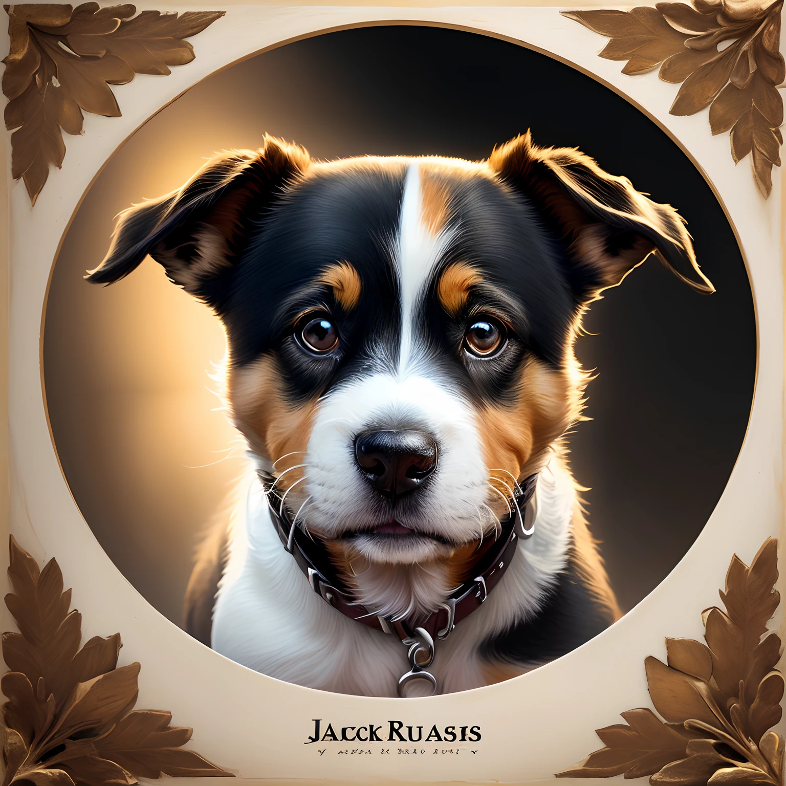 Disney pix art poster with a jack russel terrier mix with black head and black and white body, im Hintergrund wald