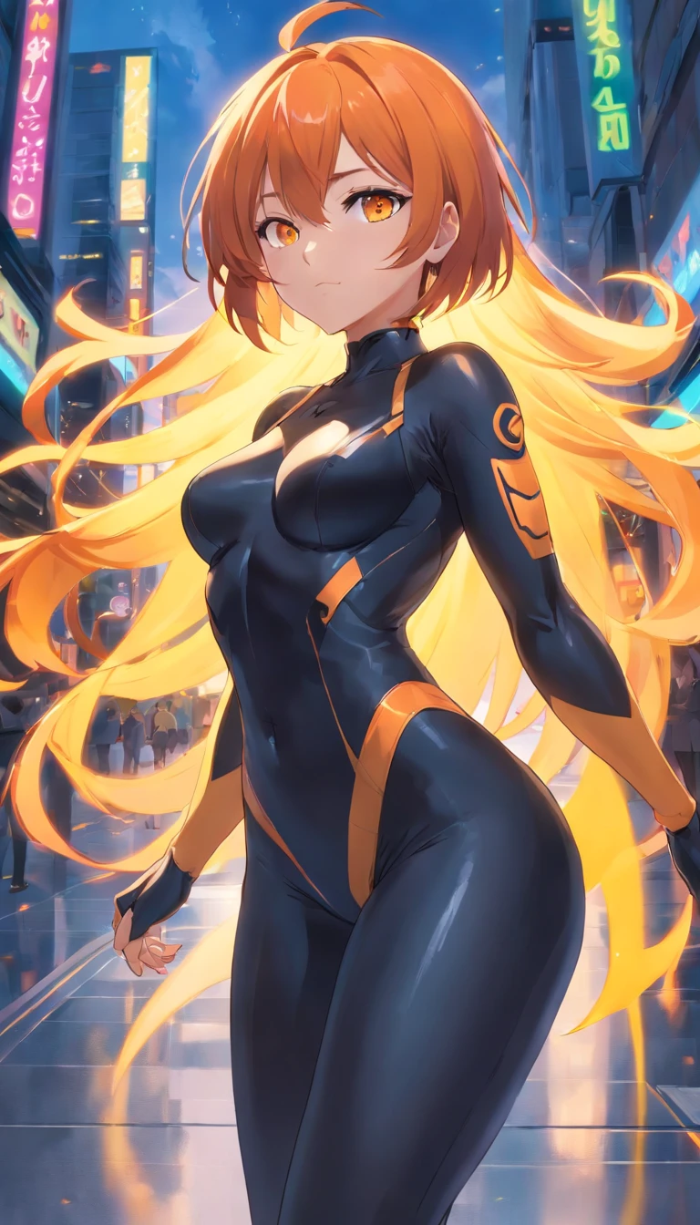1 female、Orange hair、Colossal tits、Big ass、black rubber suit、yellow eyes、thick thighs、a short bob、wide hips、Thigh muscles