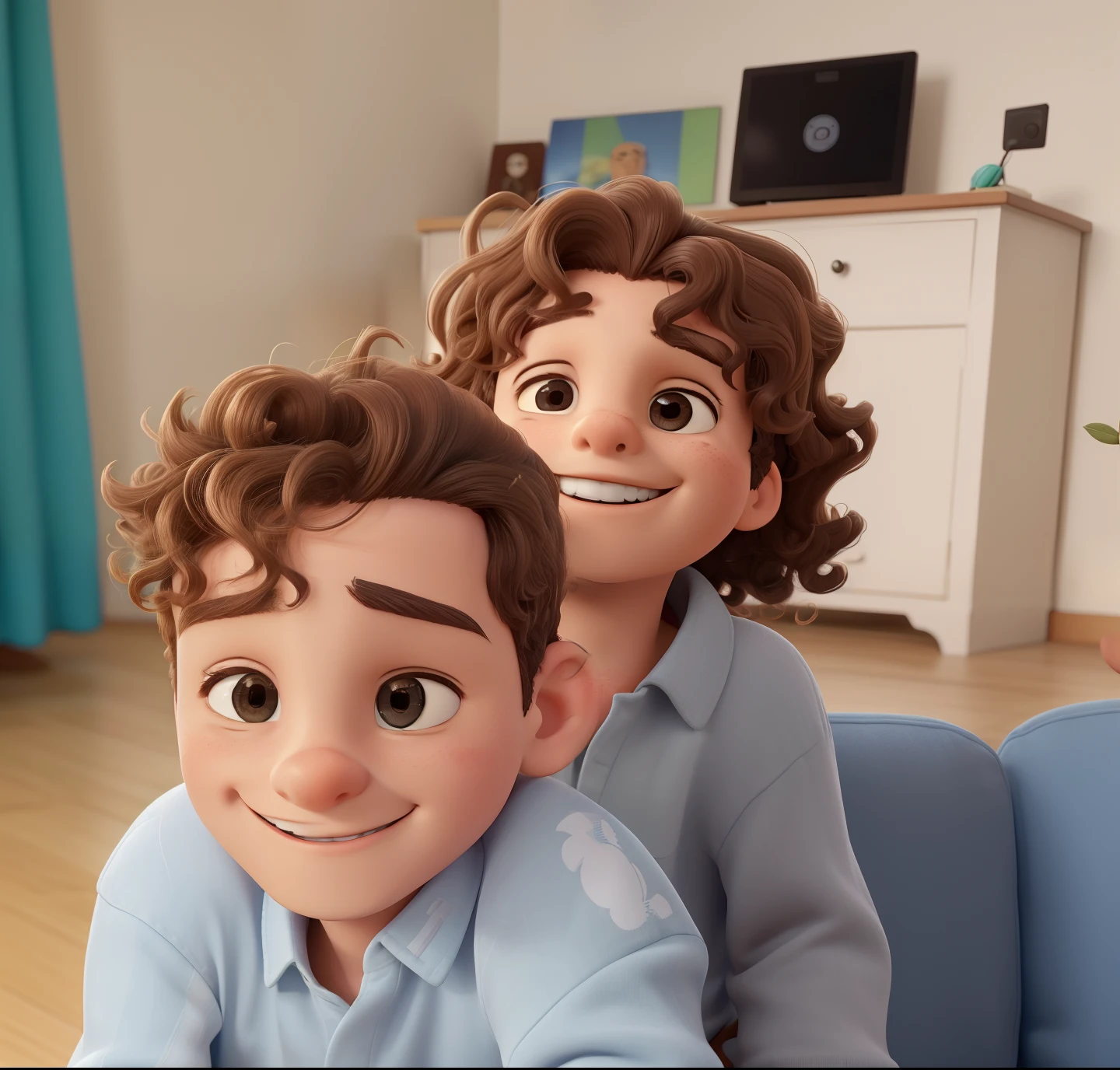 There are two brothers sitting across from each other, sentados em uma cama, boa sorridentes, rostos bonitos Santiago e Francisco, the oldest 3 years ago with curls in his hair, silly smile hugging the smaller one, o menor Franscisco 1 ano, straighter hair and curls on the top of the head