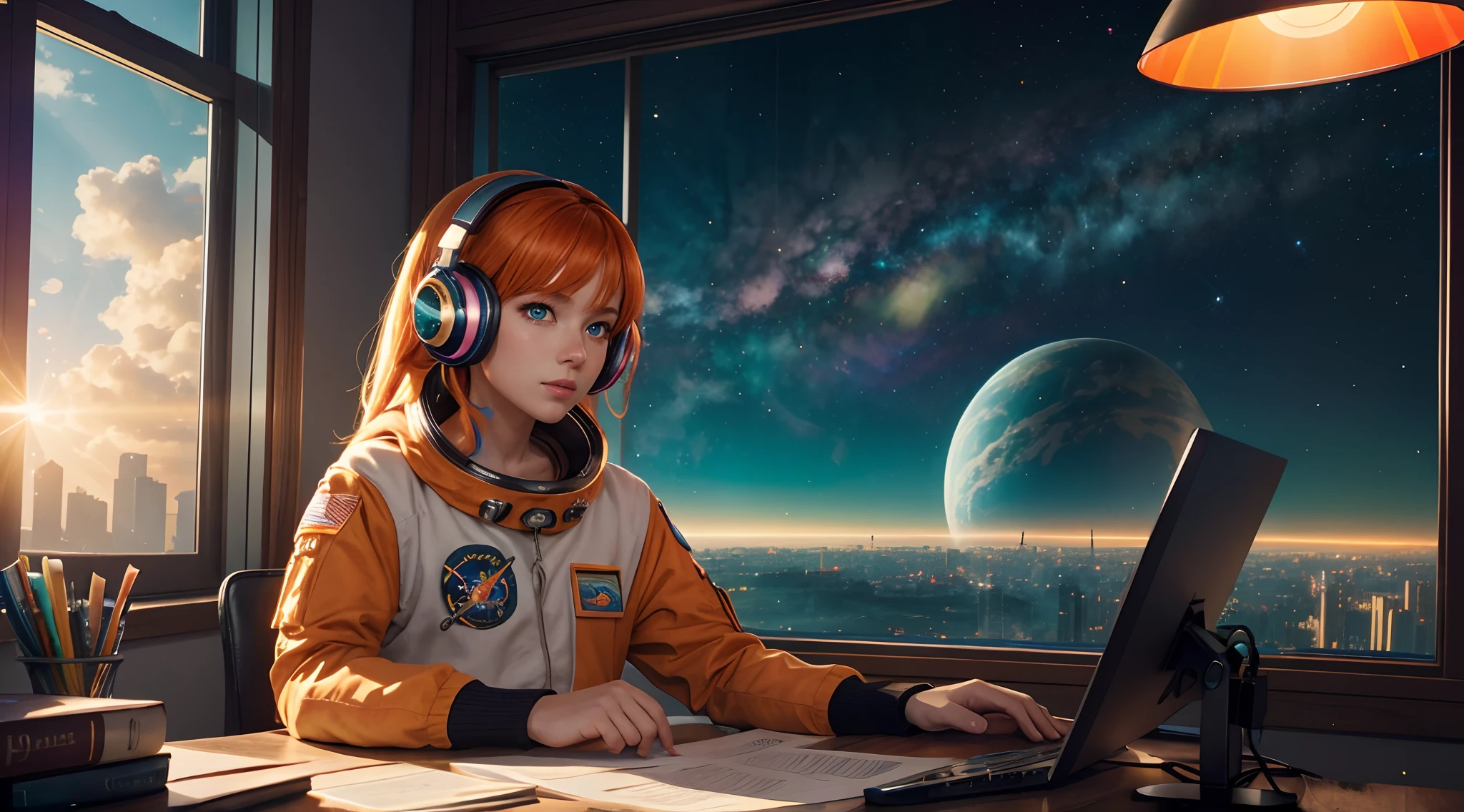 {{masterpiece}}, best quality, extremely detailed CG unity 8k wallpaper, anime style, cinematic lighting, lens flare, astronaut seat on desk full of books and compute, window to colorful galaxies, listening headphones music,  side glance,  orange hair, green eyes, face freekles, show computer display, colorful light, particles, heterochromia, (colorful:1.5),