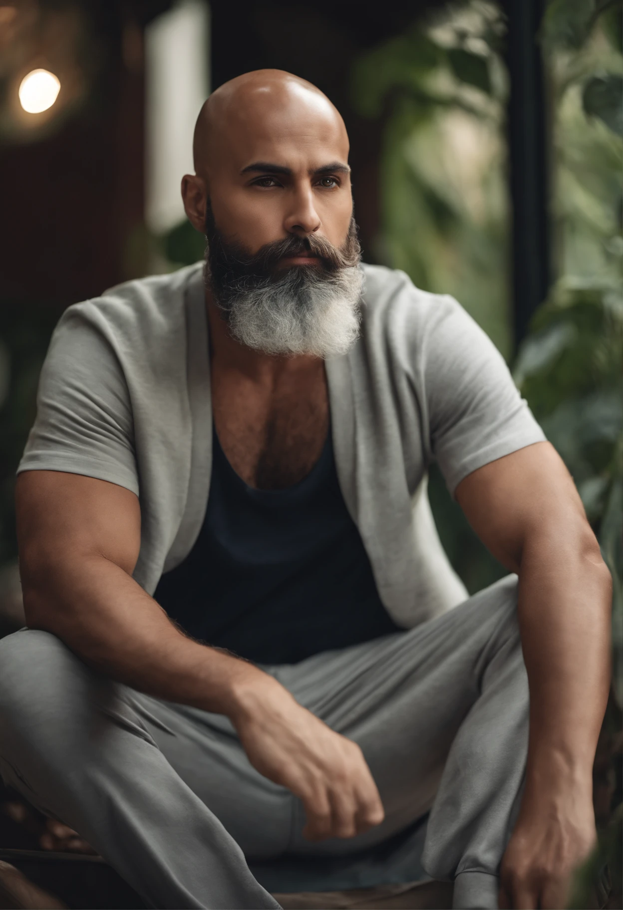 Crie uma imagem de um homem alto, bald head with a full beard not too big, olhos azuis, Serious look with firm and serene facial expression. Character slightly overweight and with characteristics of his clothes being white cotton t-shirt and light gray sweatpants.