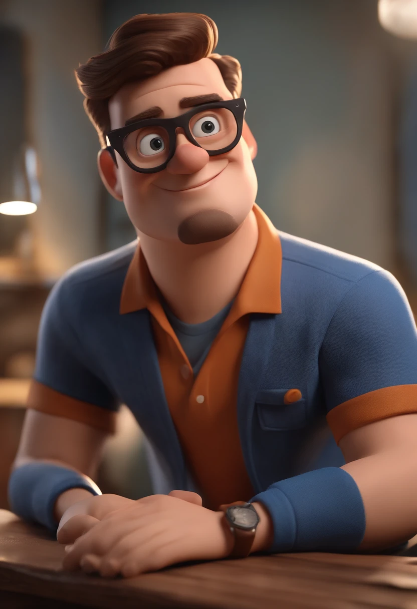 Cartoon character of a man wearing black glasses and a blue shirt, um personagem animado, Caractere estilizado, animation style rendering, 3D estilizado, Arnold Maya render, 3 d render stylized, toon render keyshot, Personagem 3D, Personagem 3D, 3d rendering stylized, 3 d character render, personagem de desenho animado, Personagem de close up, Pose de personagem, (Estilo Pixar) (master part:1.2) (Bokeh) (best quality) (pele detalhada) (textura detalhada) (8k) (argila) (Cinematic lighting) (foco nítido,Senta e vaza a parte superior do corpo