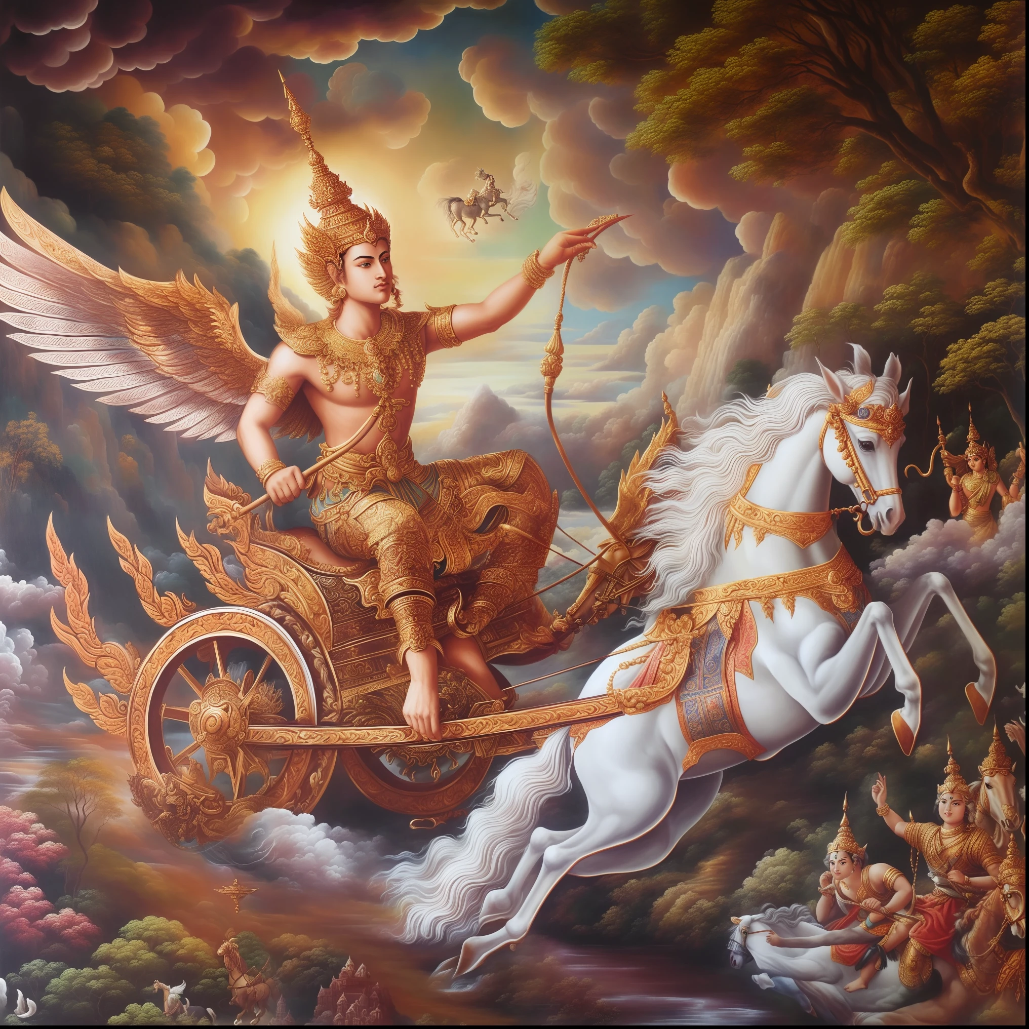 painting of a man riding a chariot with a horse and a horse, mythological painting, chariot, thailand art, by Caroline Chariot-Dayez, intricate fantasy painting, beautiful godrays, nivanh chanthara, beautiful depiction, by Sasha Putrya, vishnu, samsara, from ramayan, pegasus, an ultrafine detailed painting, amazing art