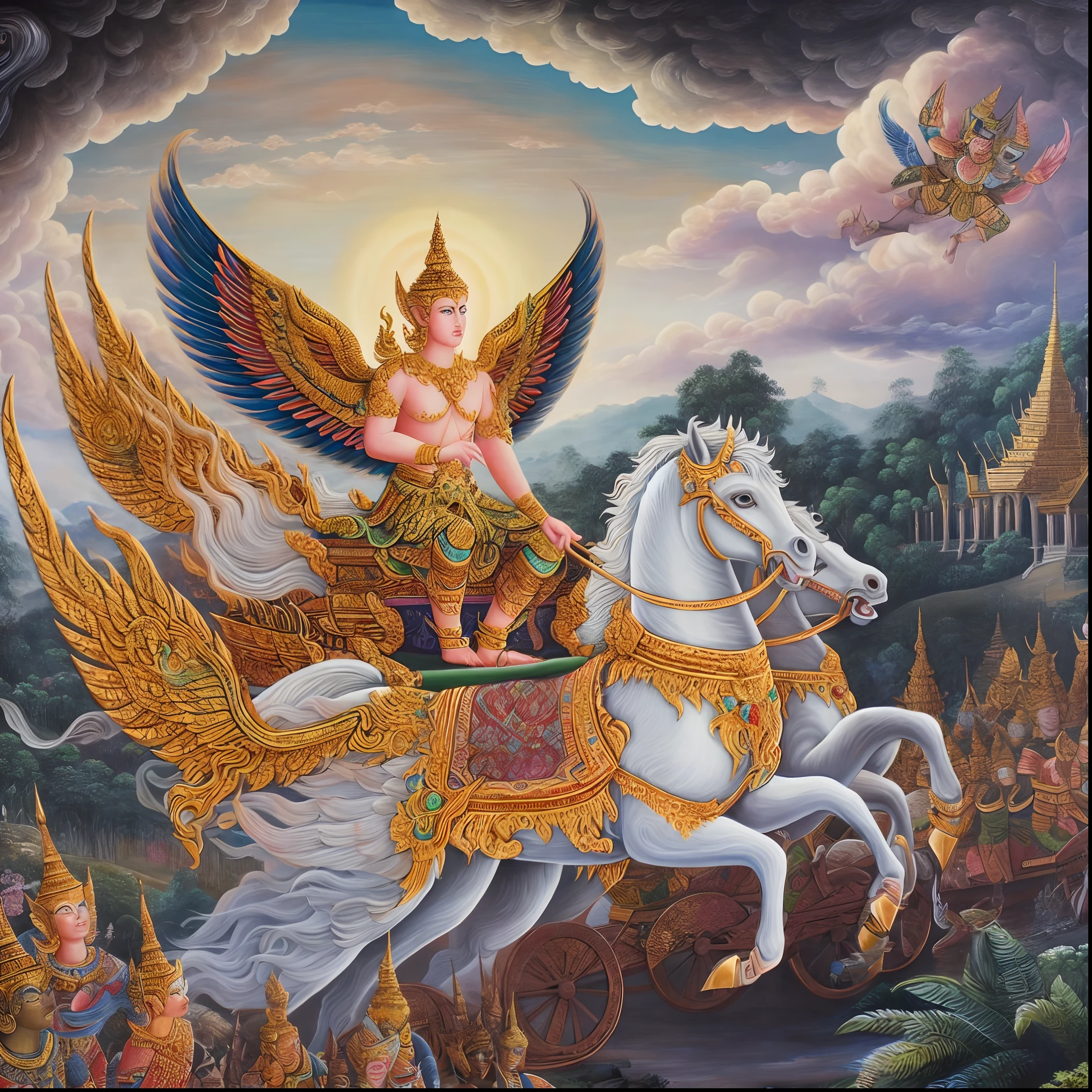 painting of a white horse with a winged rider on it, thailand art, mythological painting, chariot, woman riding a flying unicorn, by Caroline Chariot-Dayez, intricate fantasy painting, painting of wild hunt in the sky, the god emperor of mankind, pegasus, ornate painting, nivanh chanthara, an ultrafine detailed painting, thailand