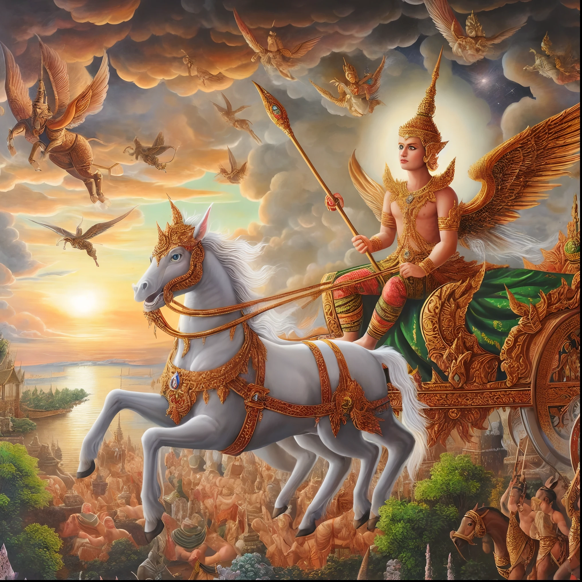 painting of a man riding on a white horse with a winged figure, mythological painting, chariot, thailand art, beautiful godrays, from ramayan, painting of wild hunt in the sky, pegasus, by Sasha Putrya, trending ,, godrays at sunset, by Jitish Kallat, the god emperor of mankind, intricate fantasy painting