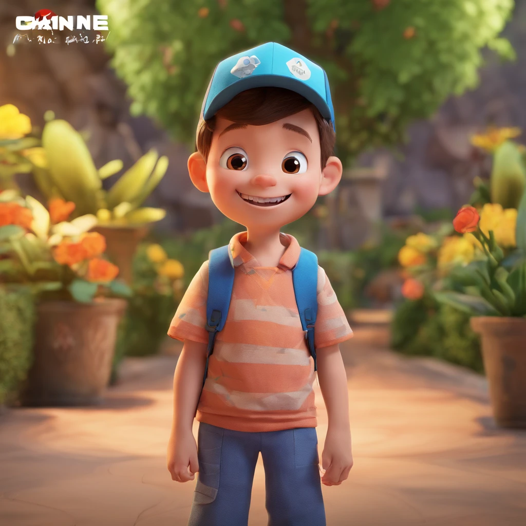 Lucas is a smiling 5-year-old human boy, com seu fiel amigo, Bolt, o cachorro pit monster, deitados no jardim