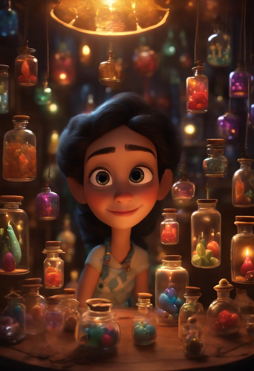 A collector of ideas inspired by Pixar animation, de perto. She is surrounded by a collection of magic vials, each containing a unique idea. The focus is on the character, with a captivating facial expression, Against a backdrop of shimmering, cores efervescentes.