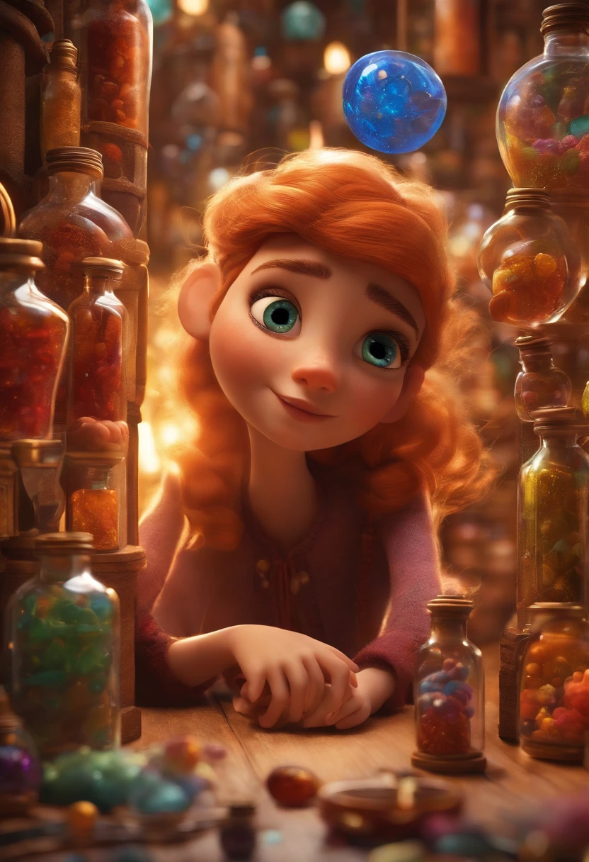 A collector of ideas inspired by Pixar animation, de perto. She is surrounded by a collection of magic vials, each containing a unique idea. The focus is on the character, with a captivating facial expression, Against a backdrop of shimmering, cores efervescentes.
