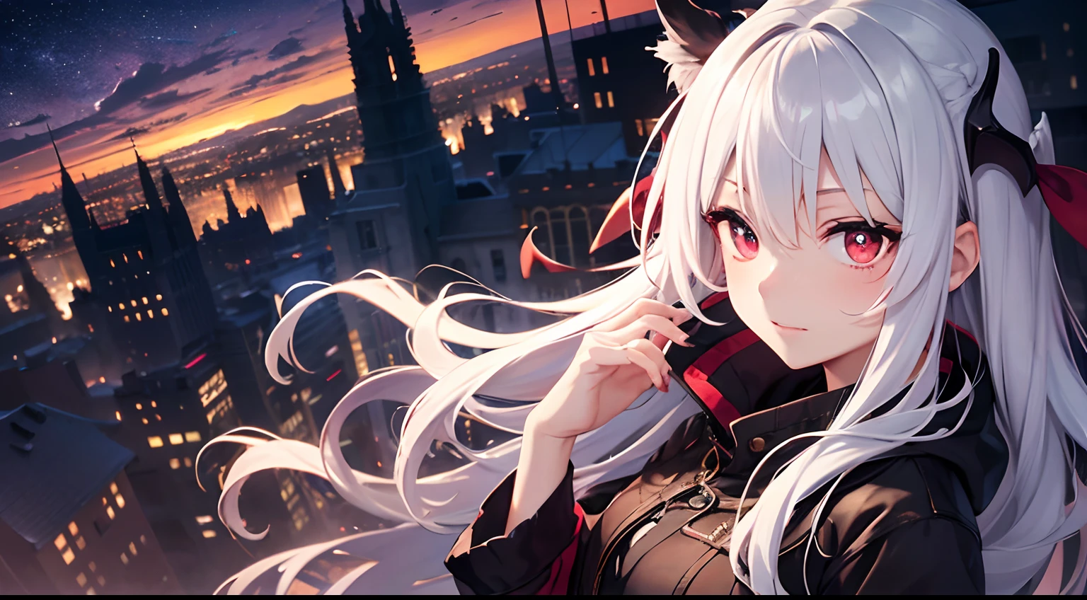 (masutepiece), Red pupils, Very cute girl vampire, Cute, deep in the night, Windswept and cloudy, Overlooking a high perspective, in night, Light floating above the sky.